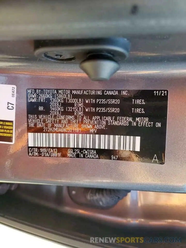 13 Фотография поврежденного автомобиля 2T2HZMDA6NC321181 LEXUS RX350 2022
