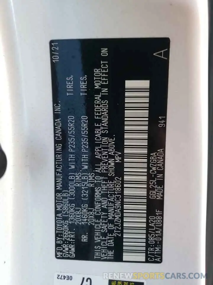 10 Photograph of a damaged car 2T2JZMDA9NC318602 LEXUS RX350 2022