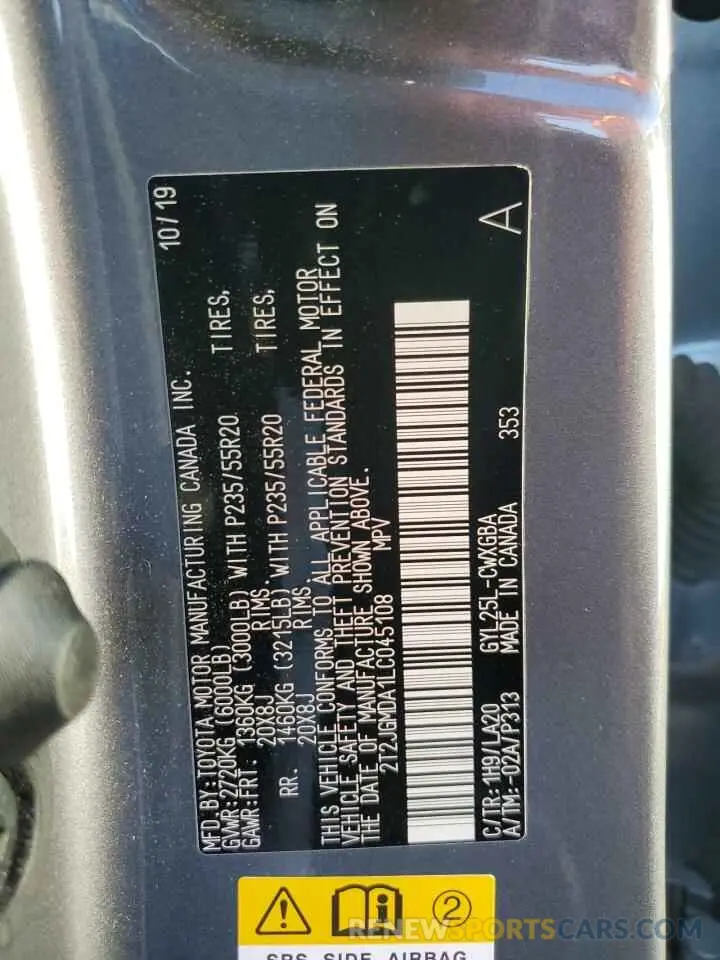 13 Фотография поврежденного автомобиля 2T2JGMDA1LC045108 LEXUS RX450 2020