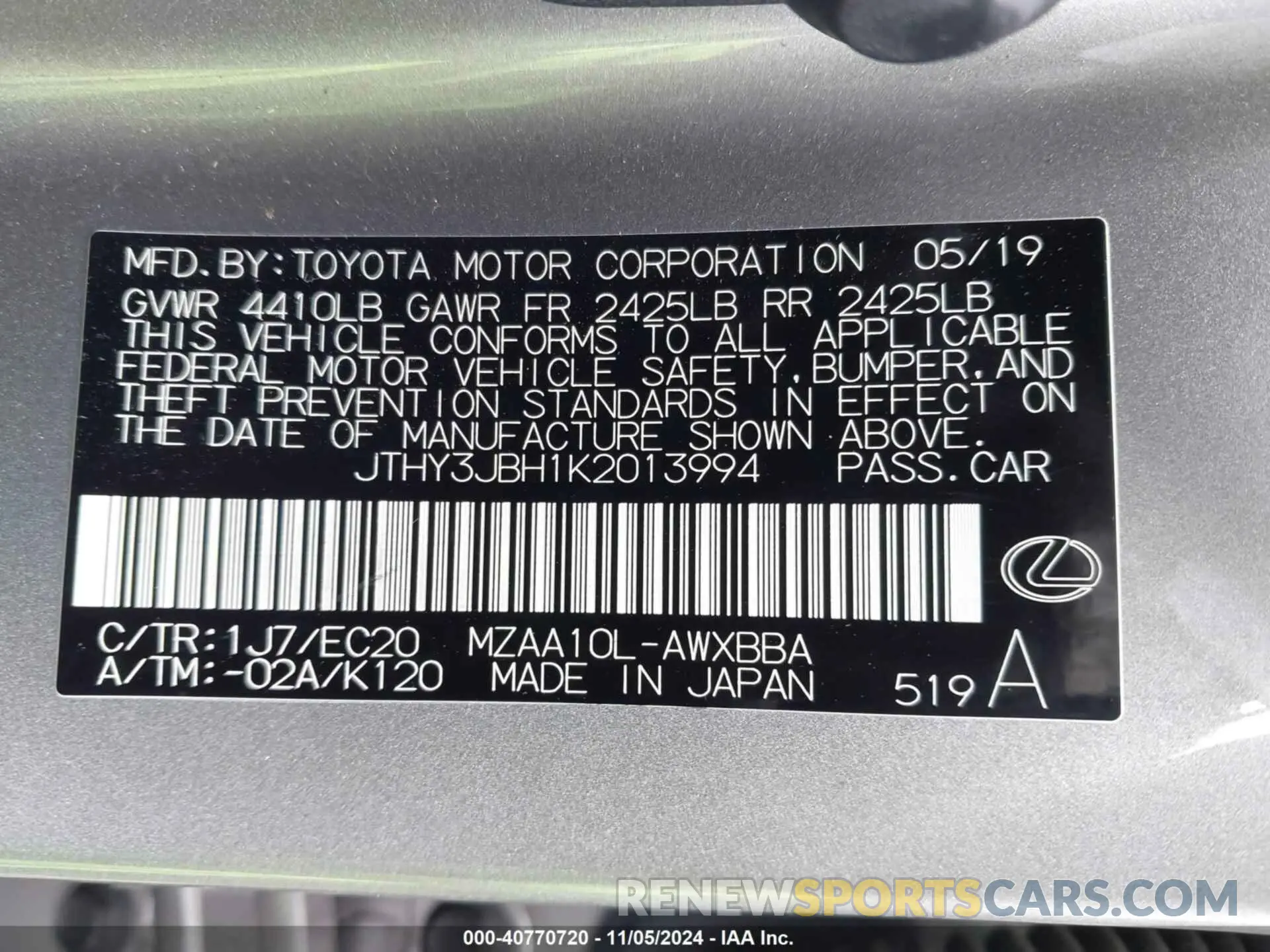 9 Photograph of a damaged car JTHY3JBH1K2013994 LEXUS UX 200 2019