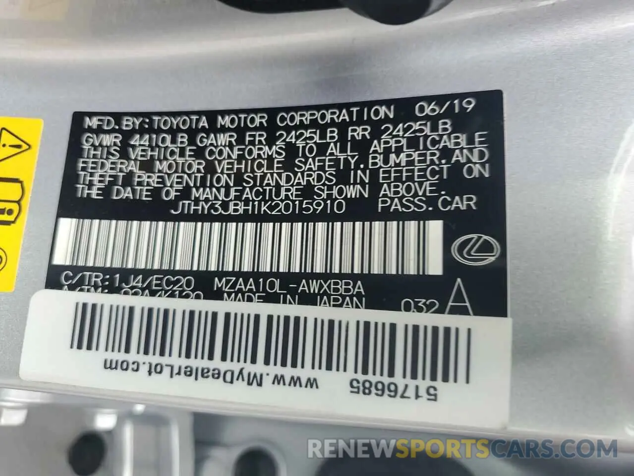 12 Photograph of a damaged car JTHY3JBH1K2015910 LEXUS UX 200 2019