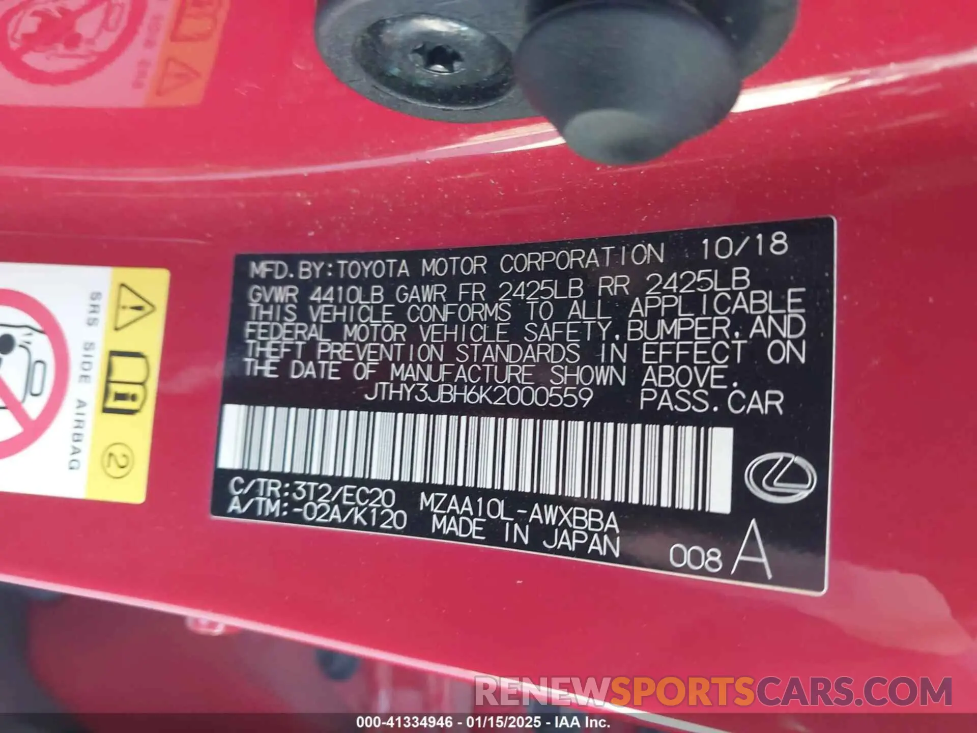 9 Photograph of a damaged car JTHY3JBH6K2000559 LEXUS UX 200 2019