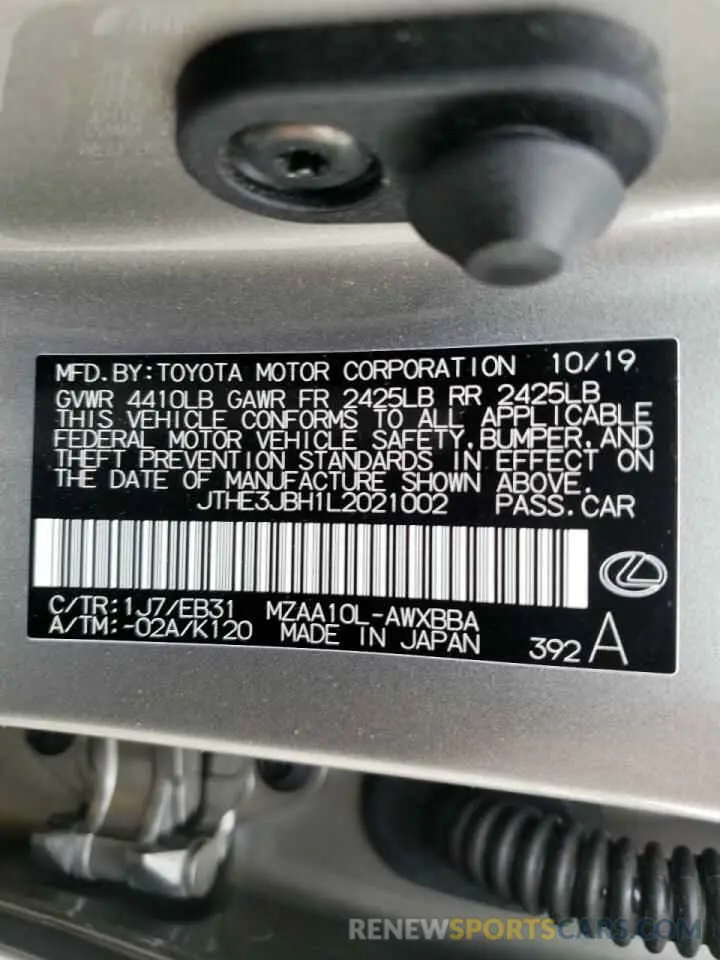 10 Photograph of a damaged car JTHE3JBH1L2021002 LEXUS UX 200 2020