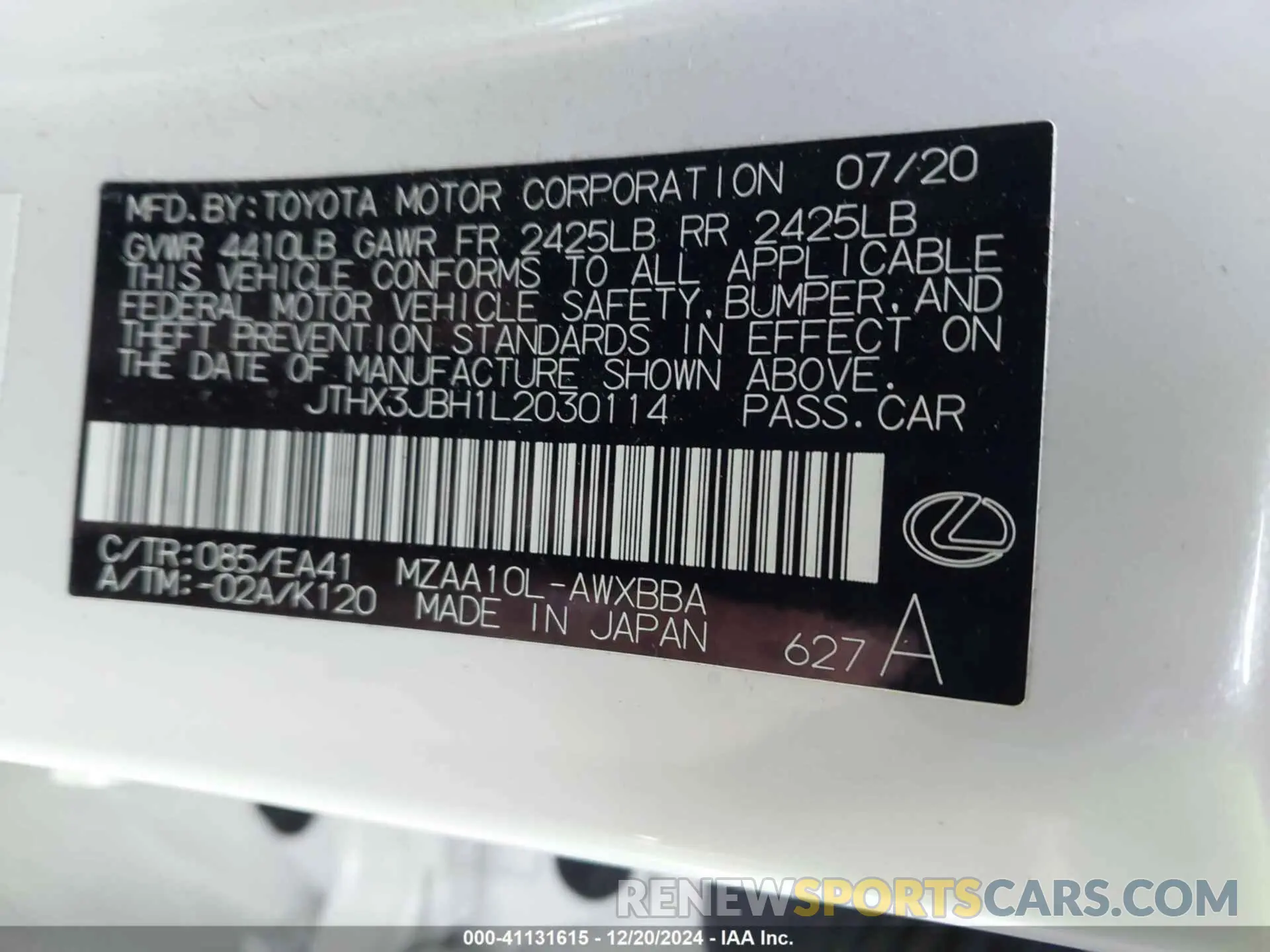 9 Фотография поврежденного автомобиля JTHX3JBH1L2030114 LEXUS UX 200 2020