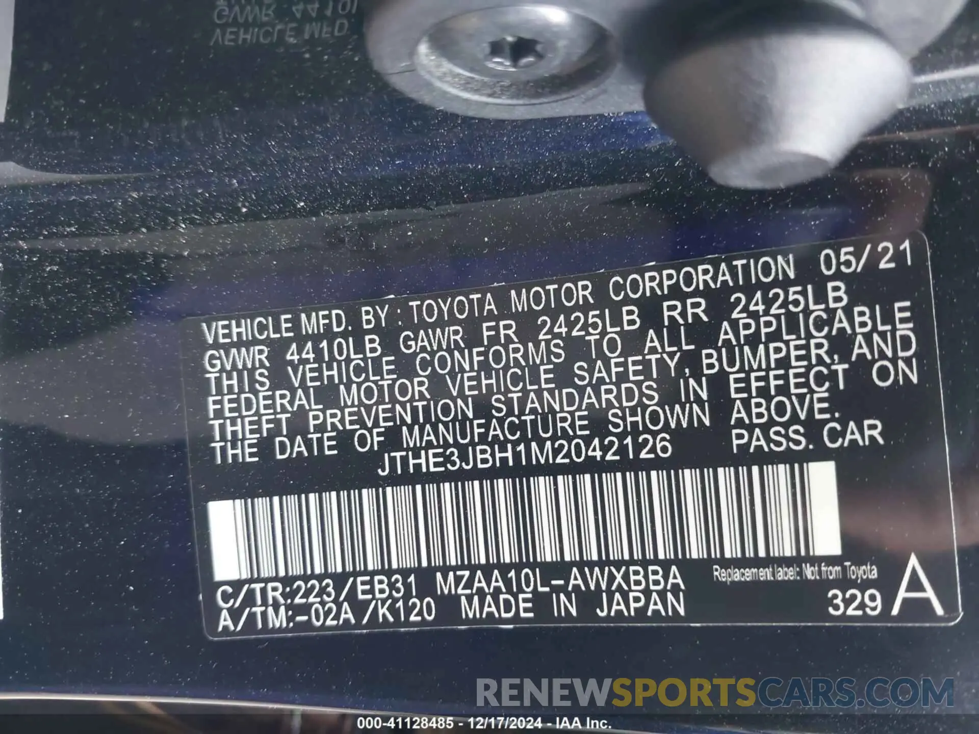 9 Photograph of a damaged car JTHE3JBH1M2042126 LEXUS UX 200 2021