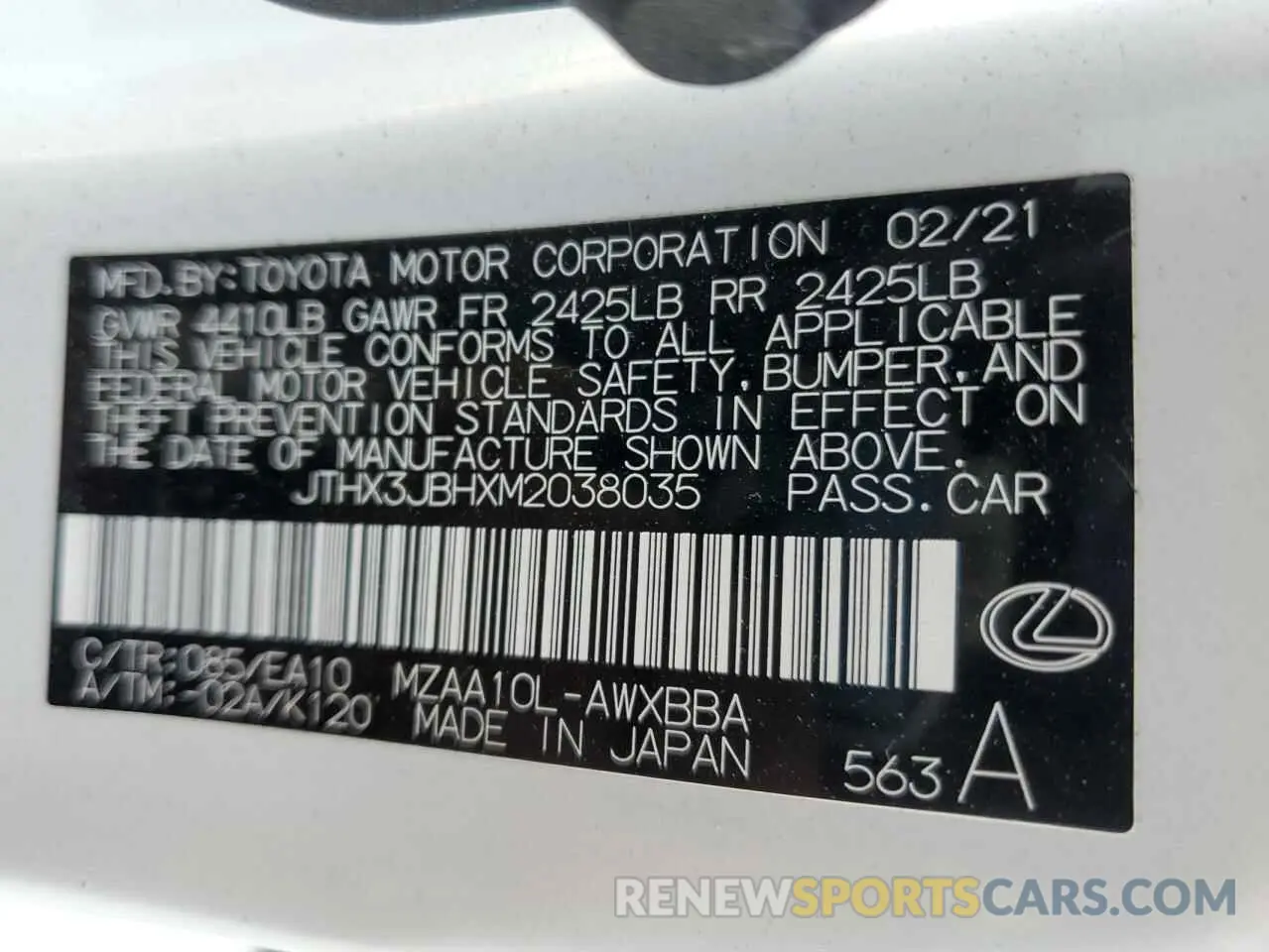 12 Фотография поврежденного автомобиля JTHX3JBHXM2038035 LEXUS UX 200 2021