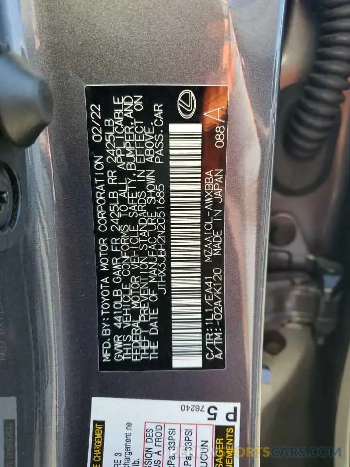 13 Photograph of a damaged car JTHX3JBH2N2051685 LEXUS UX 200 BAS 2022