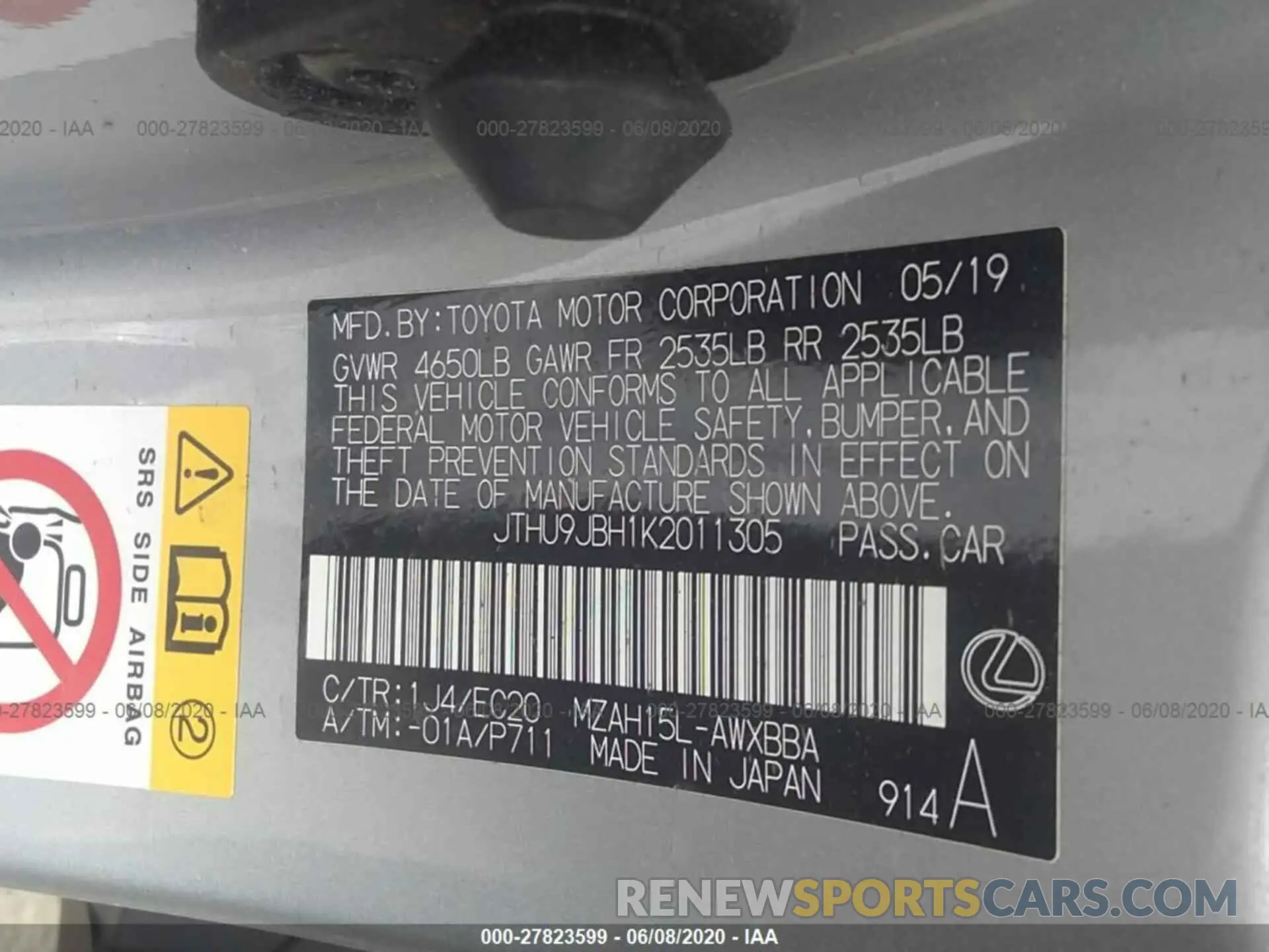 9 Photograph of a damaged car JTHU9JBH1K2011305 LEXUS UX 2019