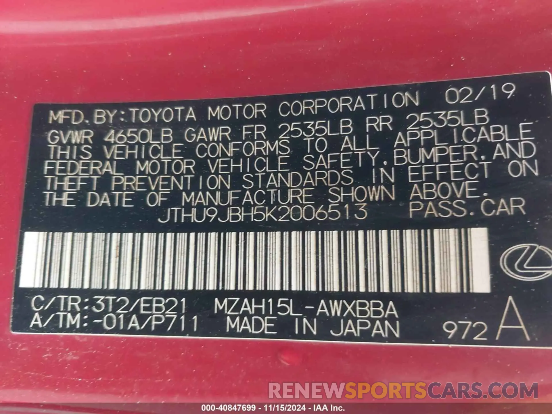 9 Photograph of a damaged car JTHU9JBH5K2006513 LEXUS UX 2019