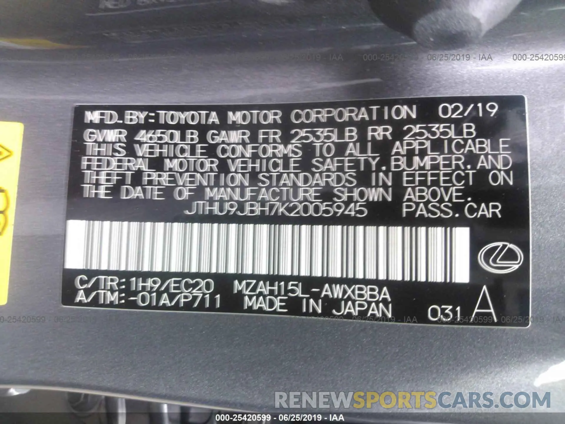 9 Photograph of a damaged car JTHU9JBH7K2005945 LEXUS UX 2019
