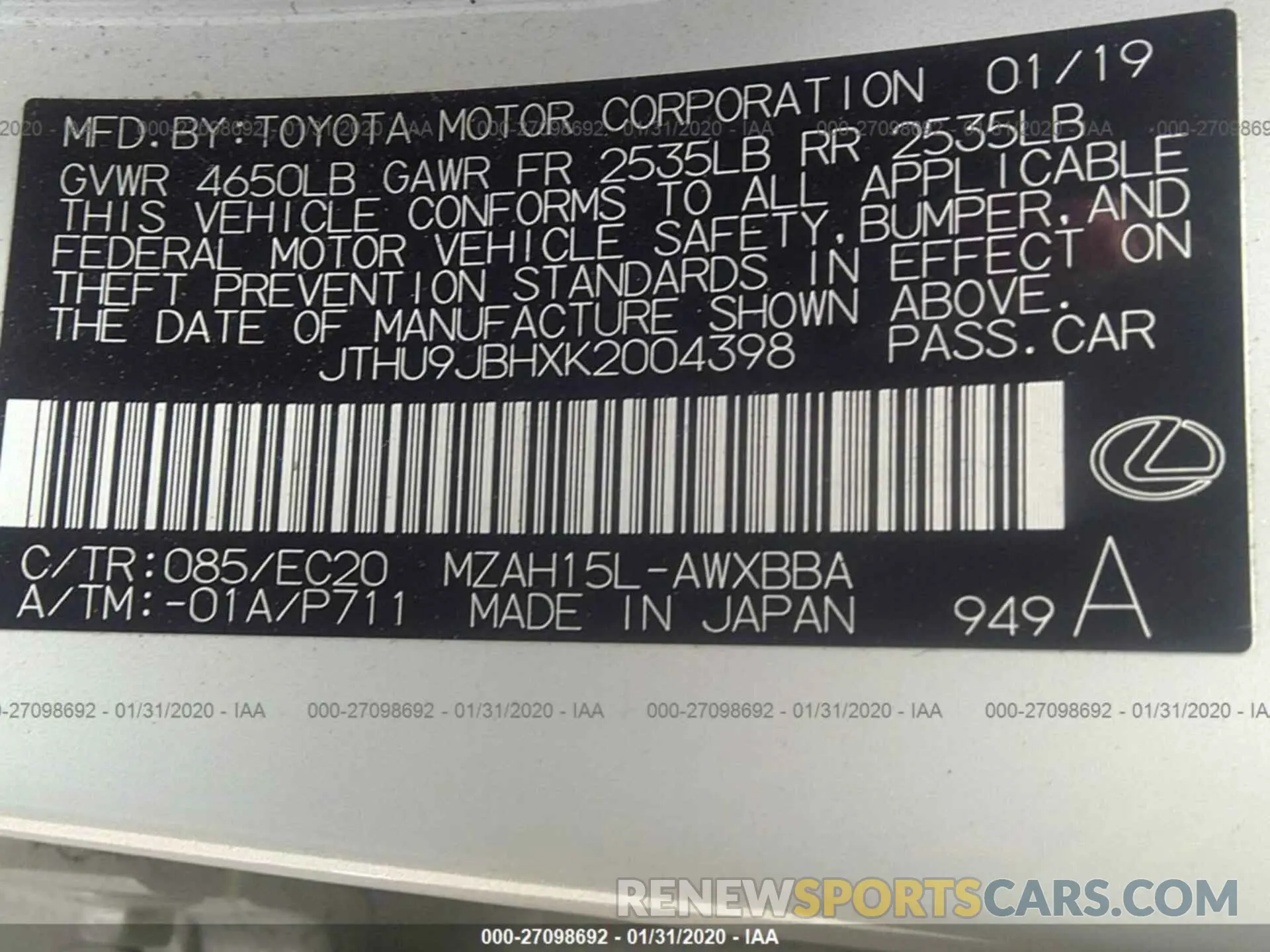 9 Photograph of a damaged car JTHU9JBHXK2004398 LEXUS UX 2019