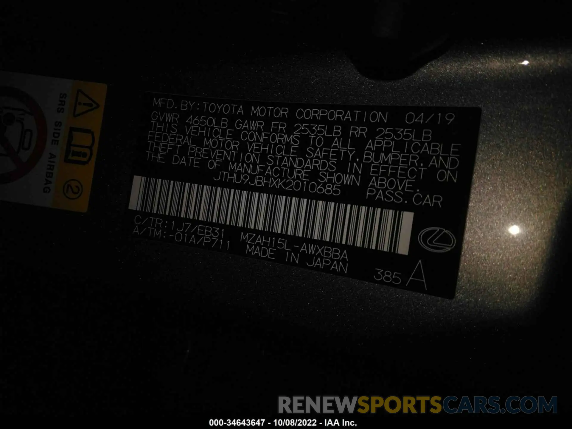9 Photograph of a damaged car JTHU9JBHXK2010685 LEXUS UX 2019