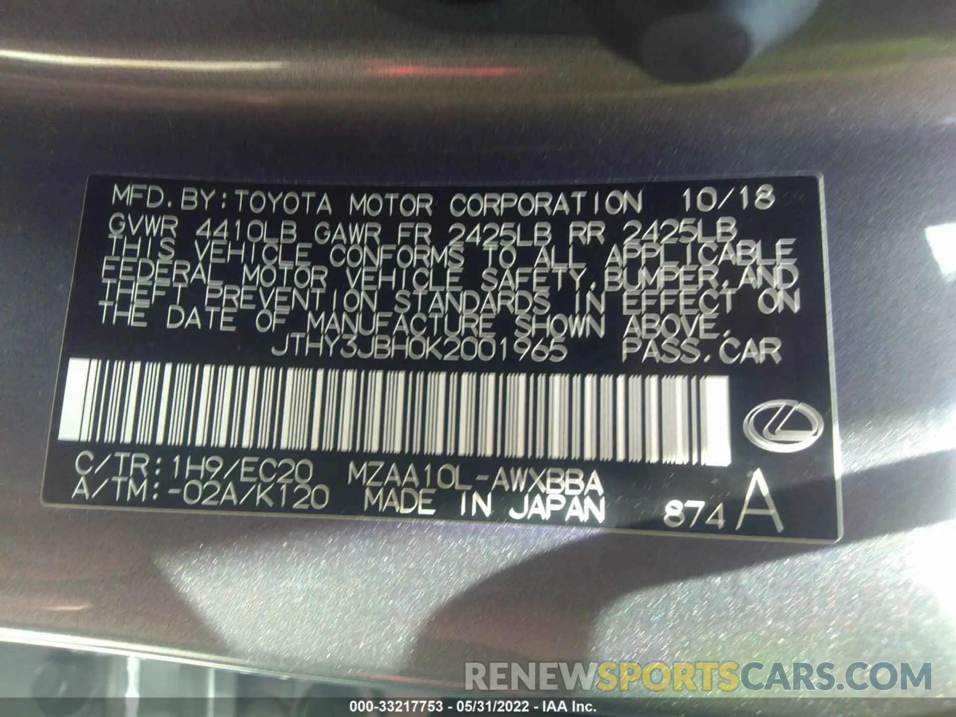 9 Photograph of a damaged car JTHY3JBH0K2001965 LEXUS UX 2019