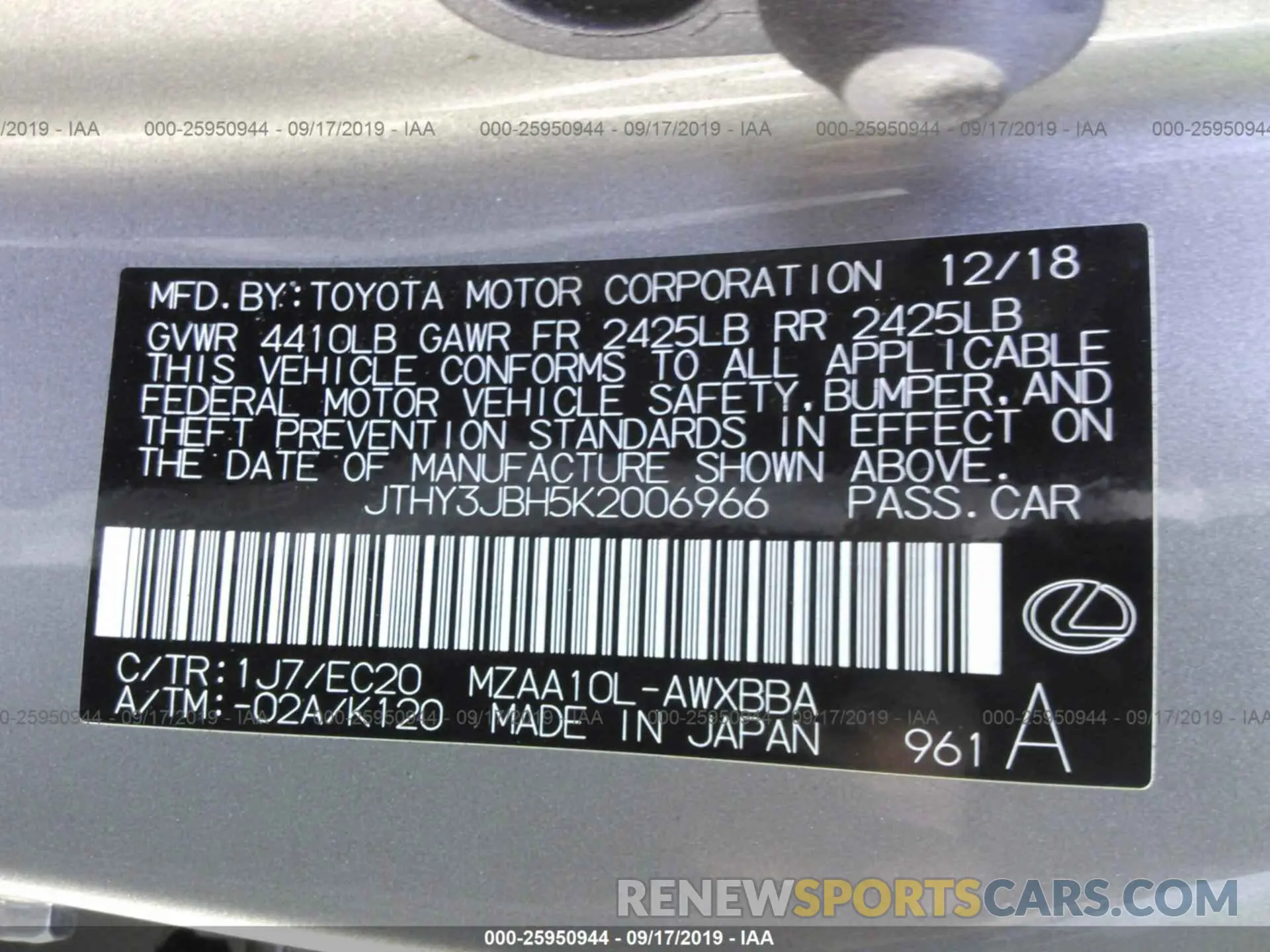 9 Photograph of a damaged car JTHY3JBH5K2006966 LEXUS UX 2019