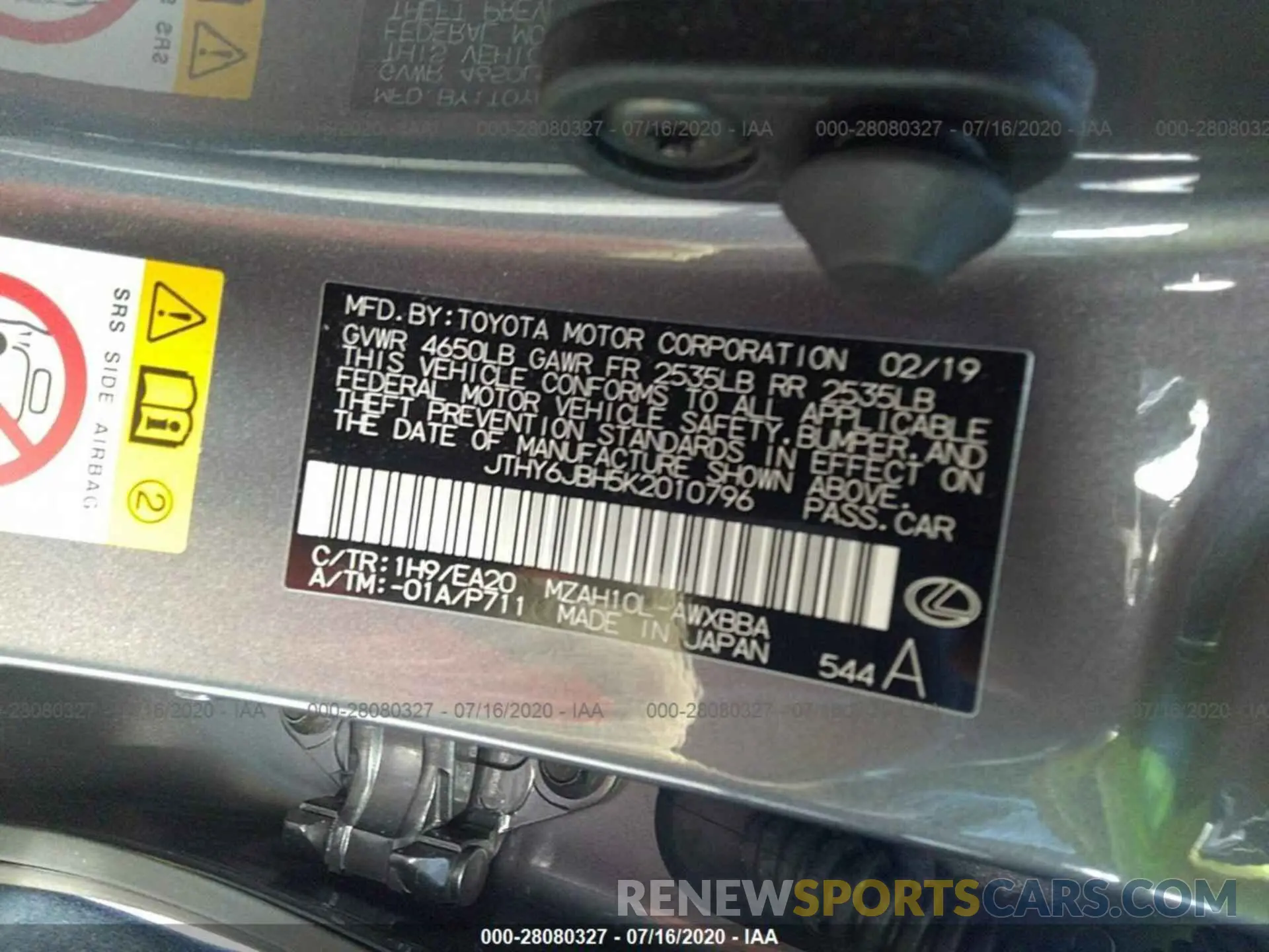 9 Photograph of a damaged car JTHY6JBH5K2010796 LEXUS UX 2019