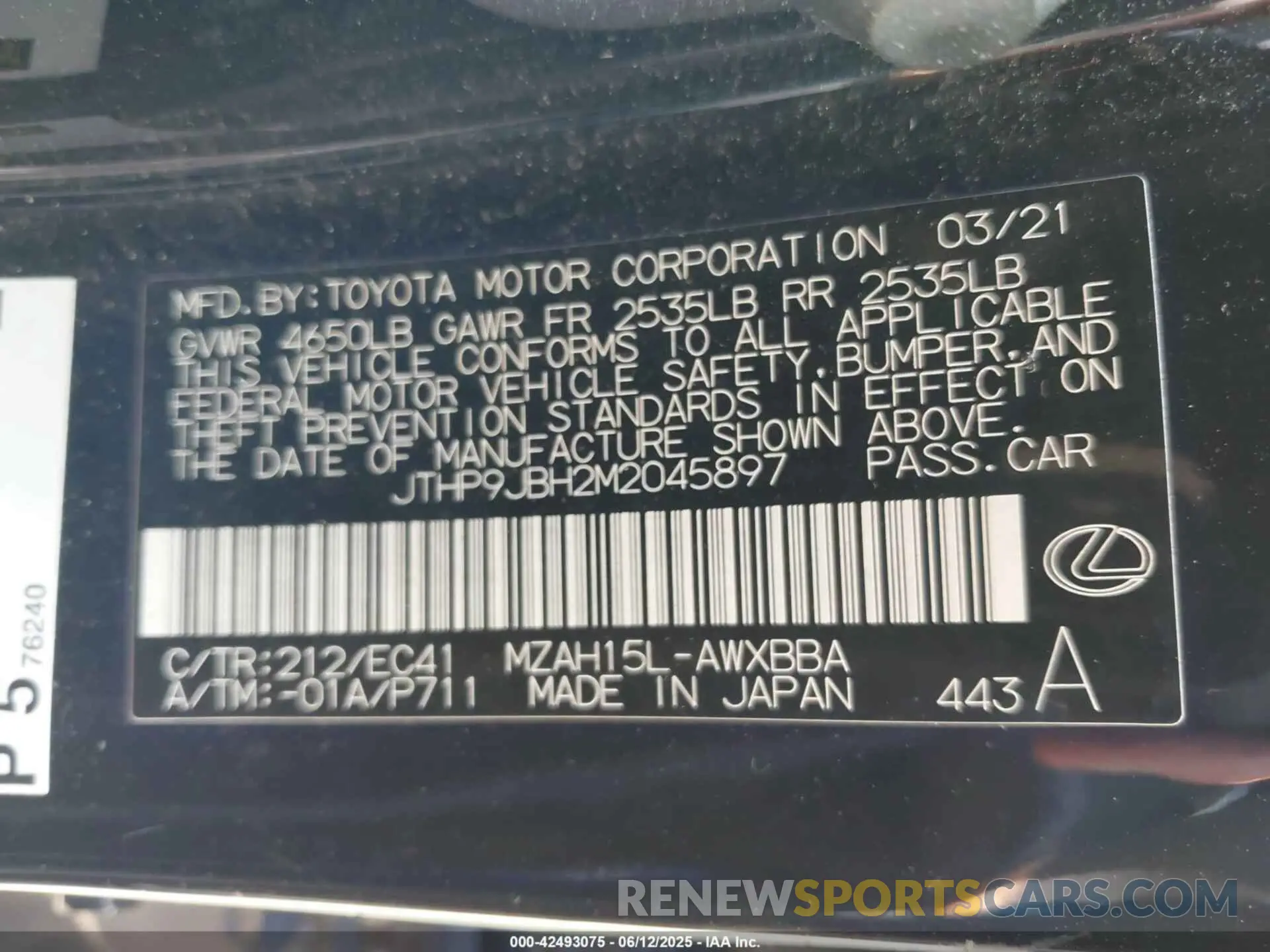 9 Фотография поврежденного автомобиля JTHP9JBH2M2045897 LEXUS UX 2021
