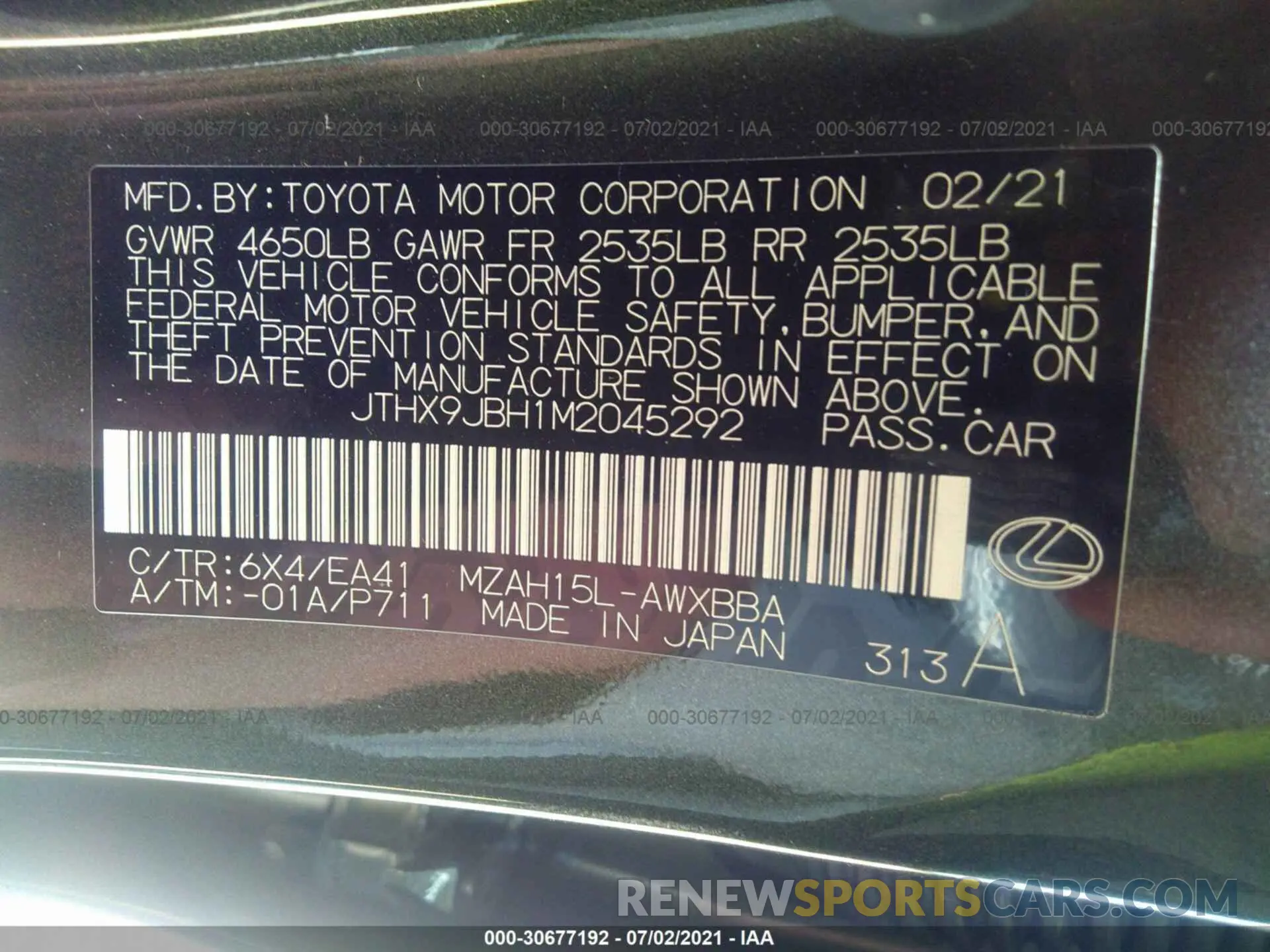 9 Фотография поврежденного автомобиля JTHX9JBH1M2045292 LEXUS UX 2021