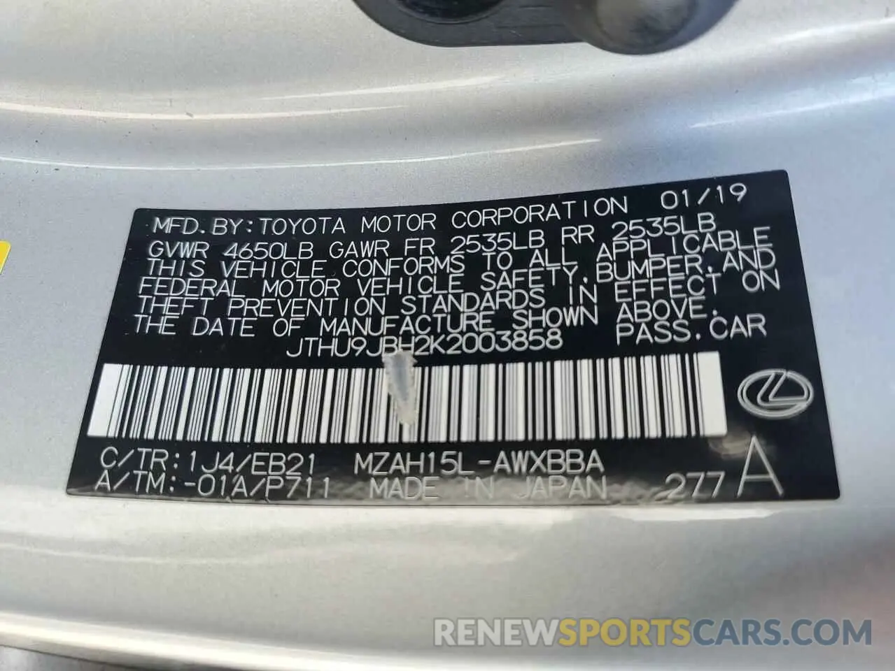 14 Photograph of a damaged car JTHU9JBH2K2003858 LEXUS UX 250H 2019