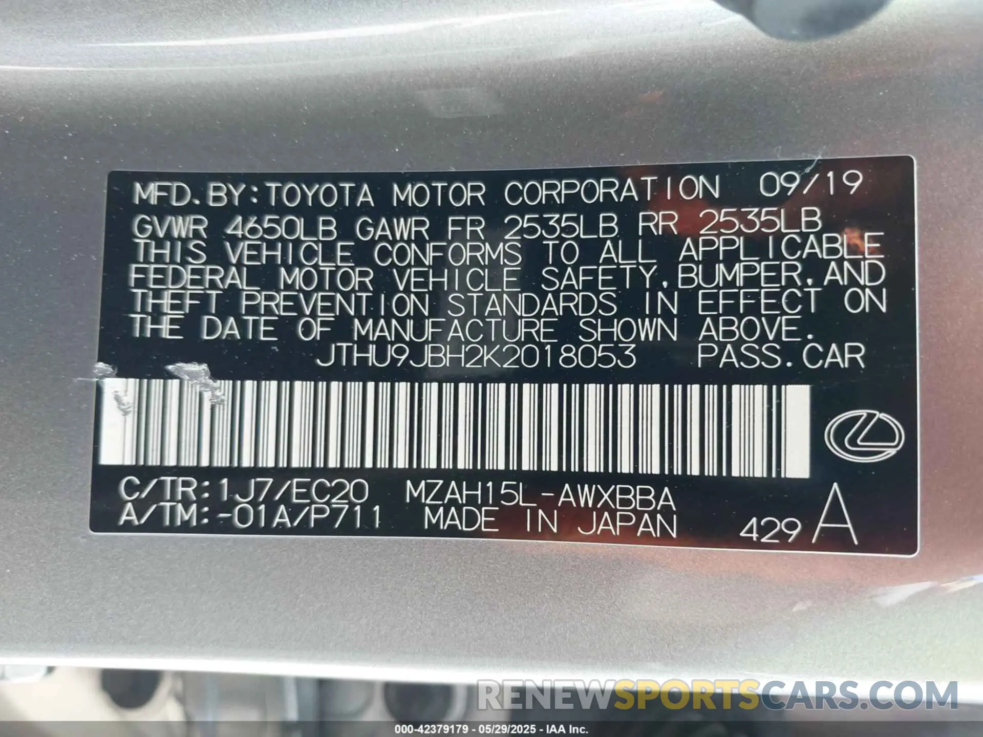 9 Photograph of a damaged car JTHU9JBH2K2018053 LEXUS UX 250H 2019
