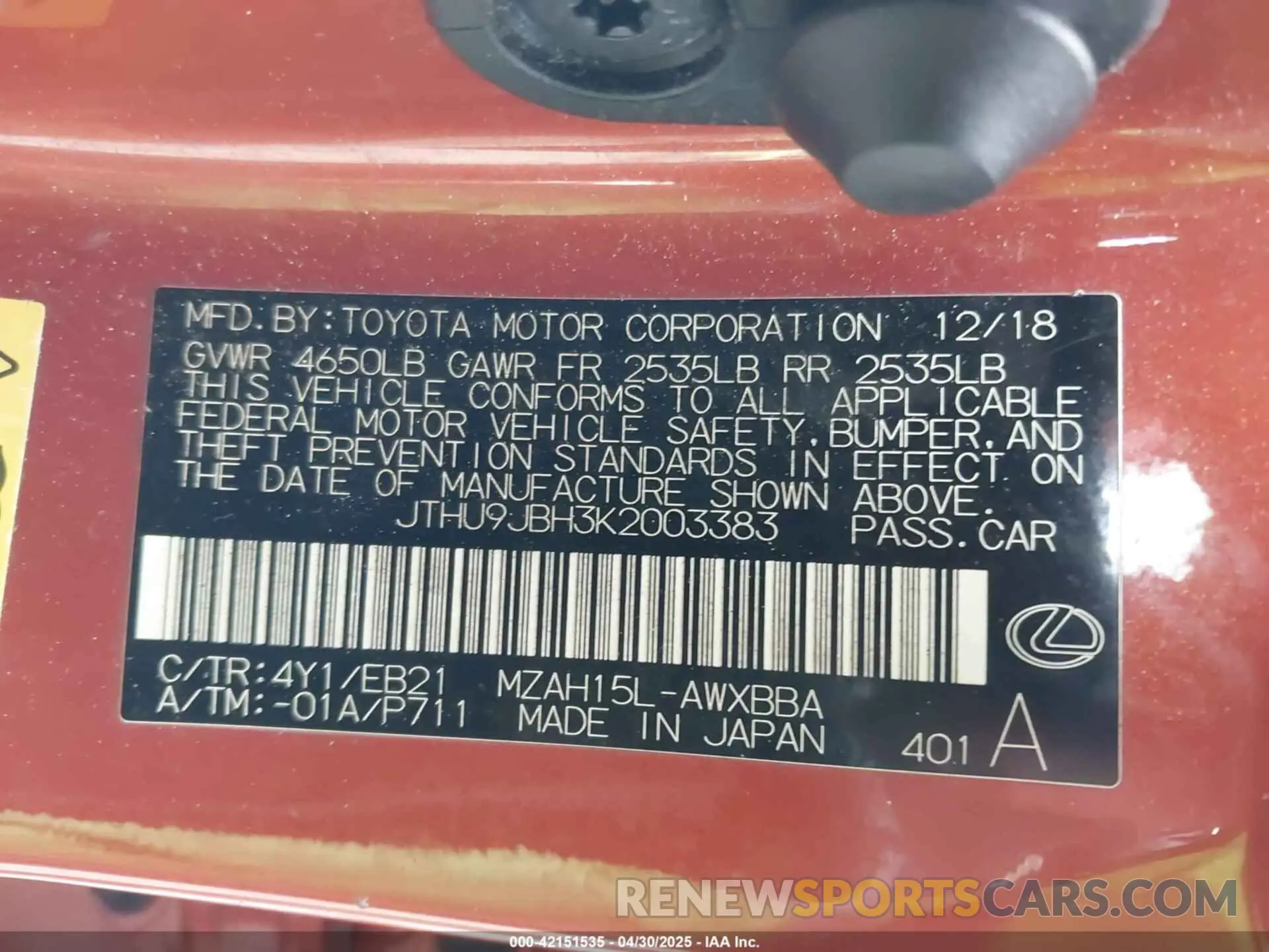 9 Photograph of a damaged car JTHU9JBH3K2003383 LEXUS UX 250H 2019