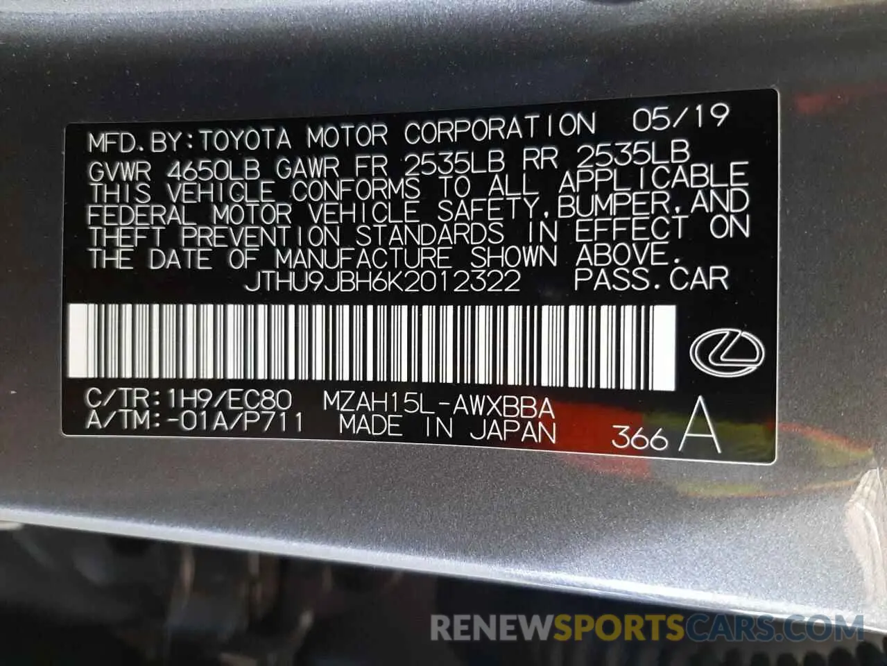10 Photograph of a damaged car JTHU9JBH6K2012322 LEXUS UX 250H 2019