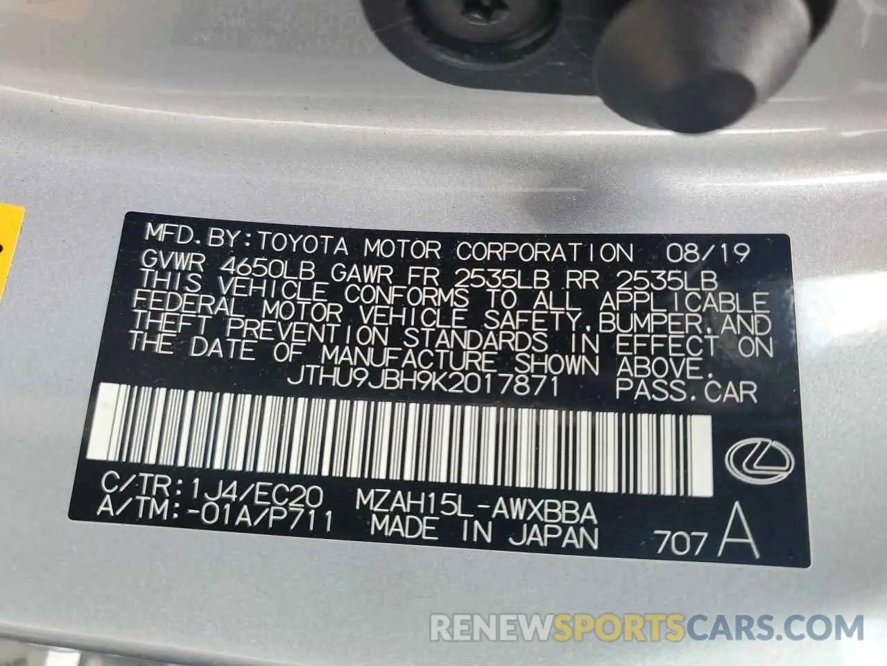 12 Фотография поврежденного автомобиля JTHU9JBH9K2017871 LEXUS UX 250H 2019