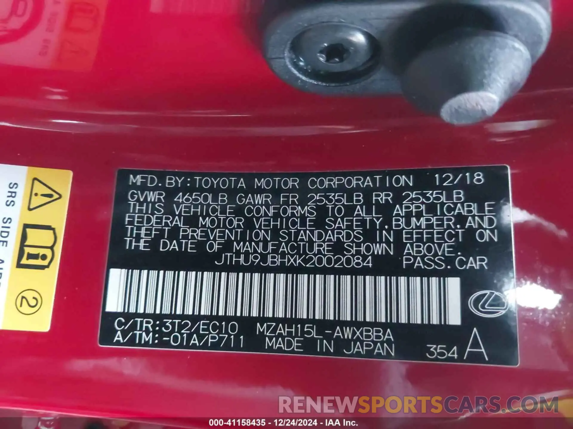 9 Фотография поврежденного автомобиля JTHU9JBHXK2002084 LEXUS UX 250H 2019