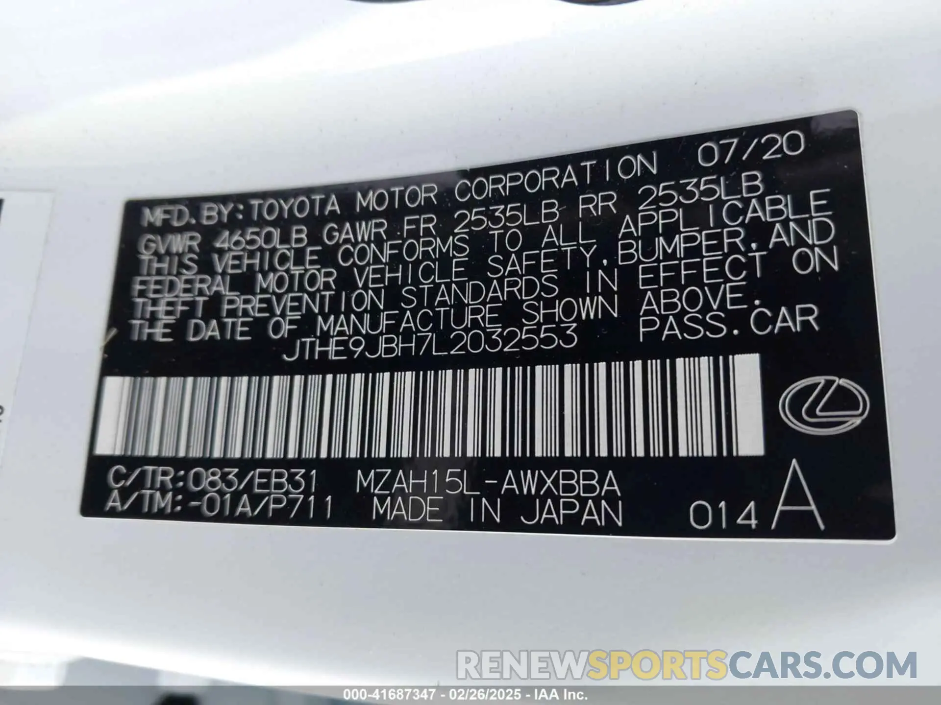9 Фотография поврежденного автомобиля JTHE9JBH7L2032553 LEXUS UX 250H 2020