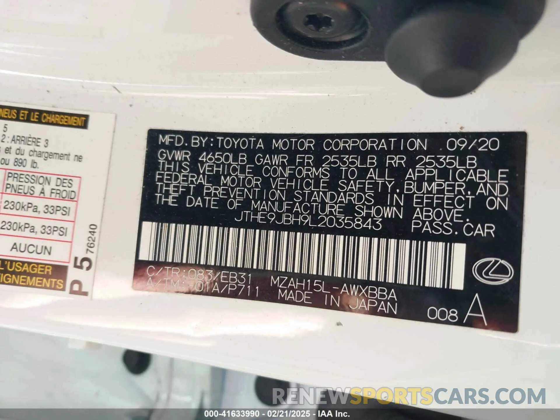 9 Photograph of a damaged car JTHE9JBH9L2035843 LEXUS UX 250H 2020