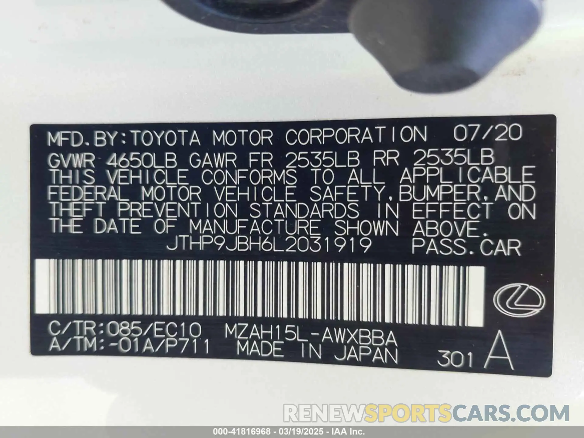 9 Фотография поврежденного автомобиля JTHP9JBH6L2031919 LEXUS UX 250H 2020