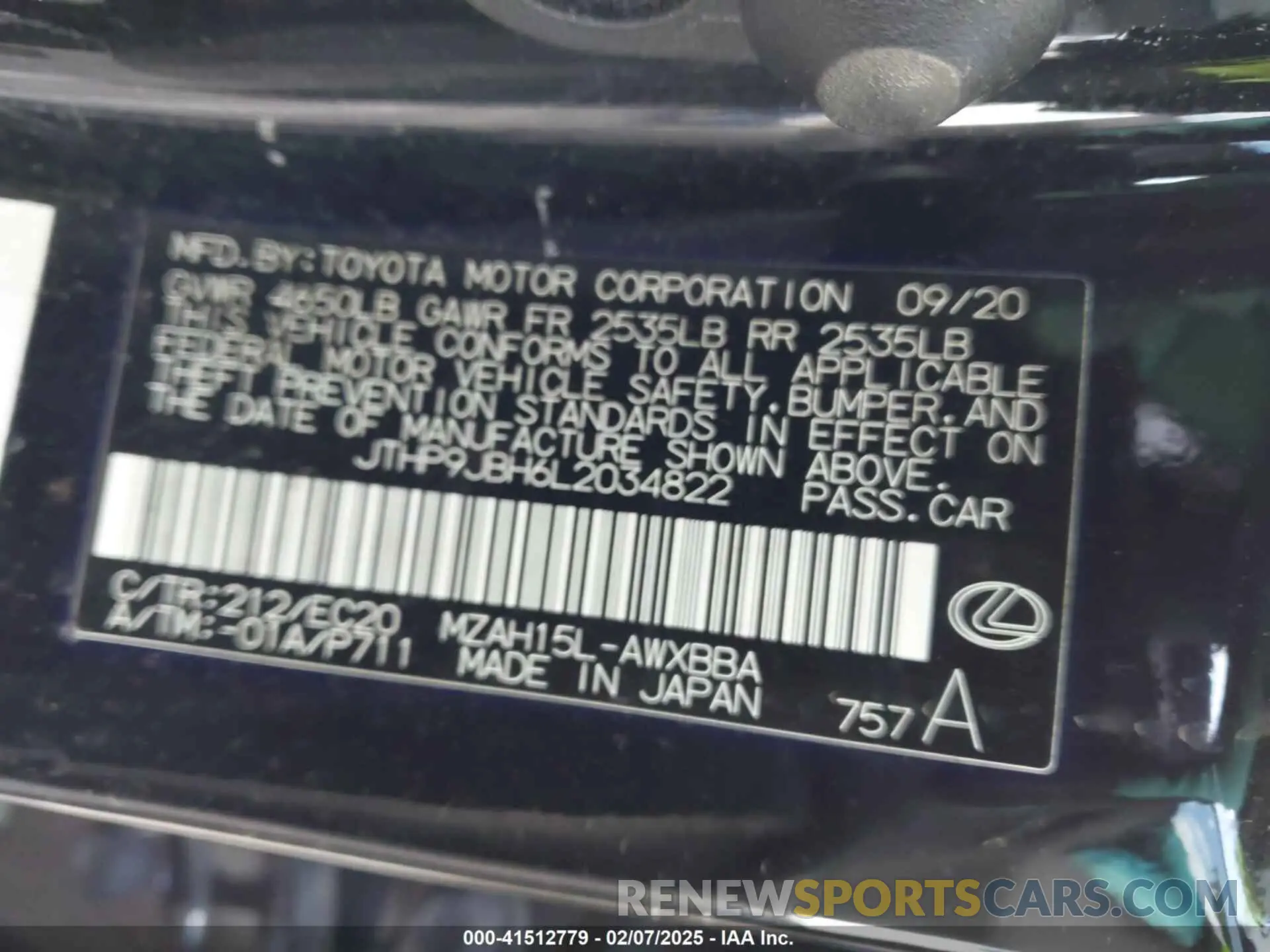 9 Фотография поврежденного автомобиля JTHP9JBH6L2034822 LEXUS UX 250H 2020