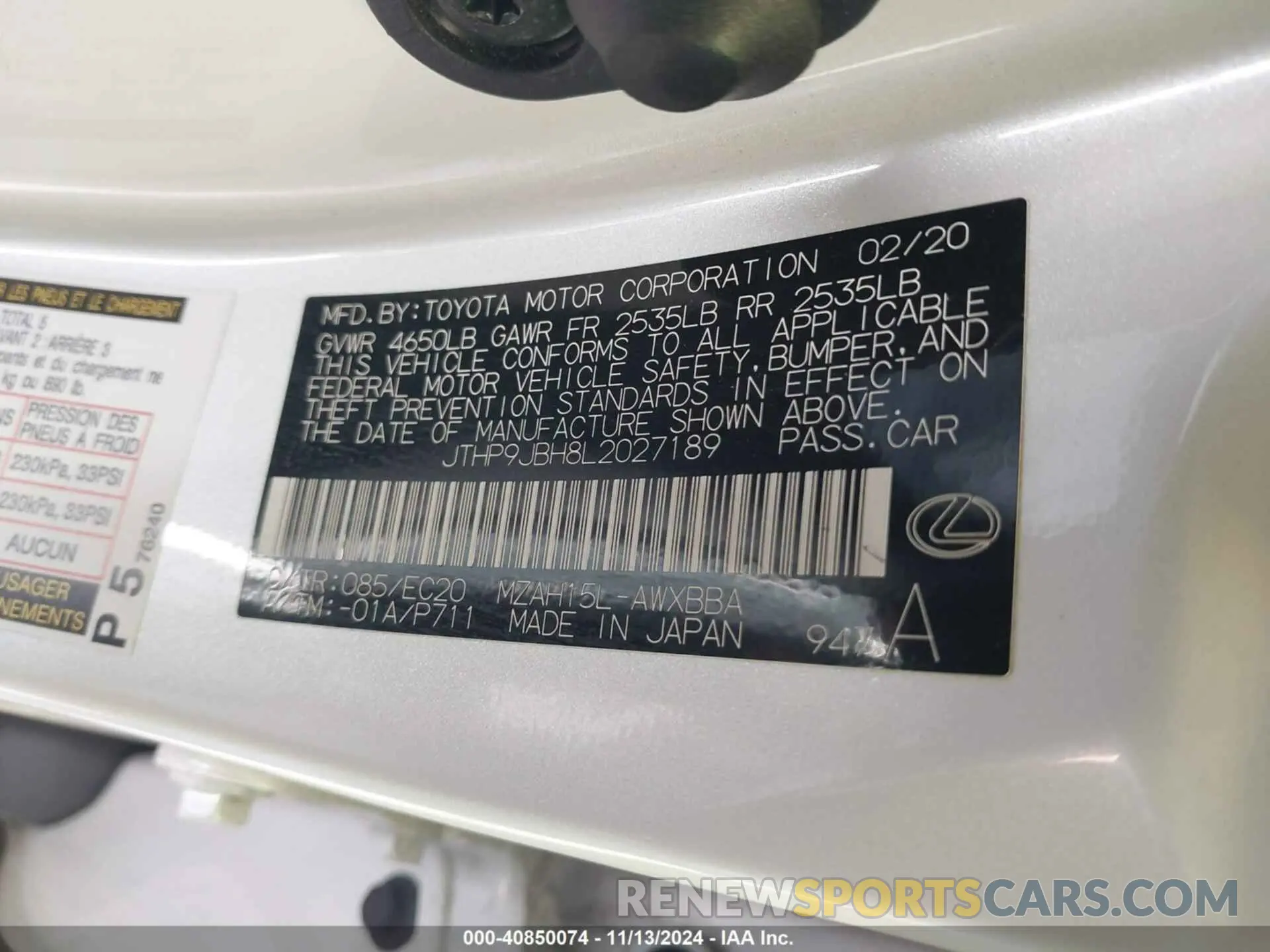 9 Фотография поврежденного автомобиля JTHP9JBH8L2027189 LEXUS UX 250H 2020