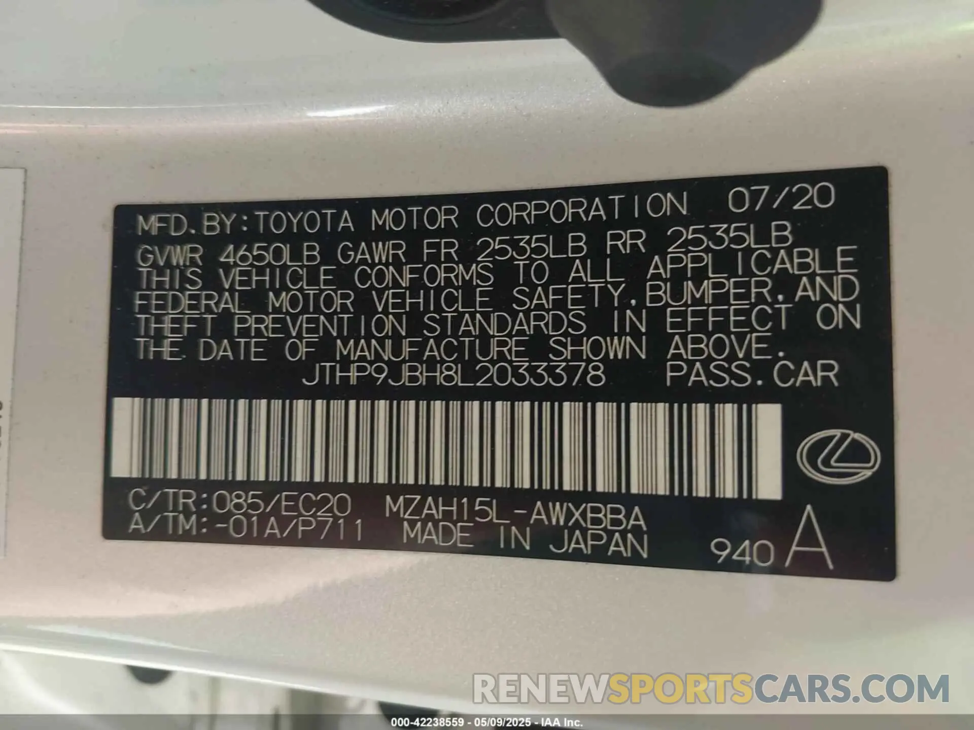 9 Photograph of a damaged car JTHP9JBH8L2033378 LEXUS UX 250H 2020
