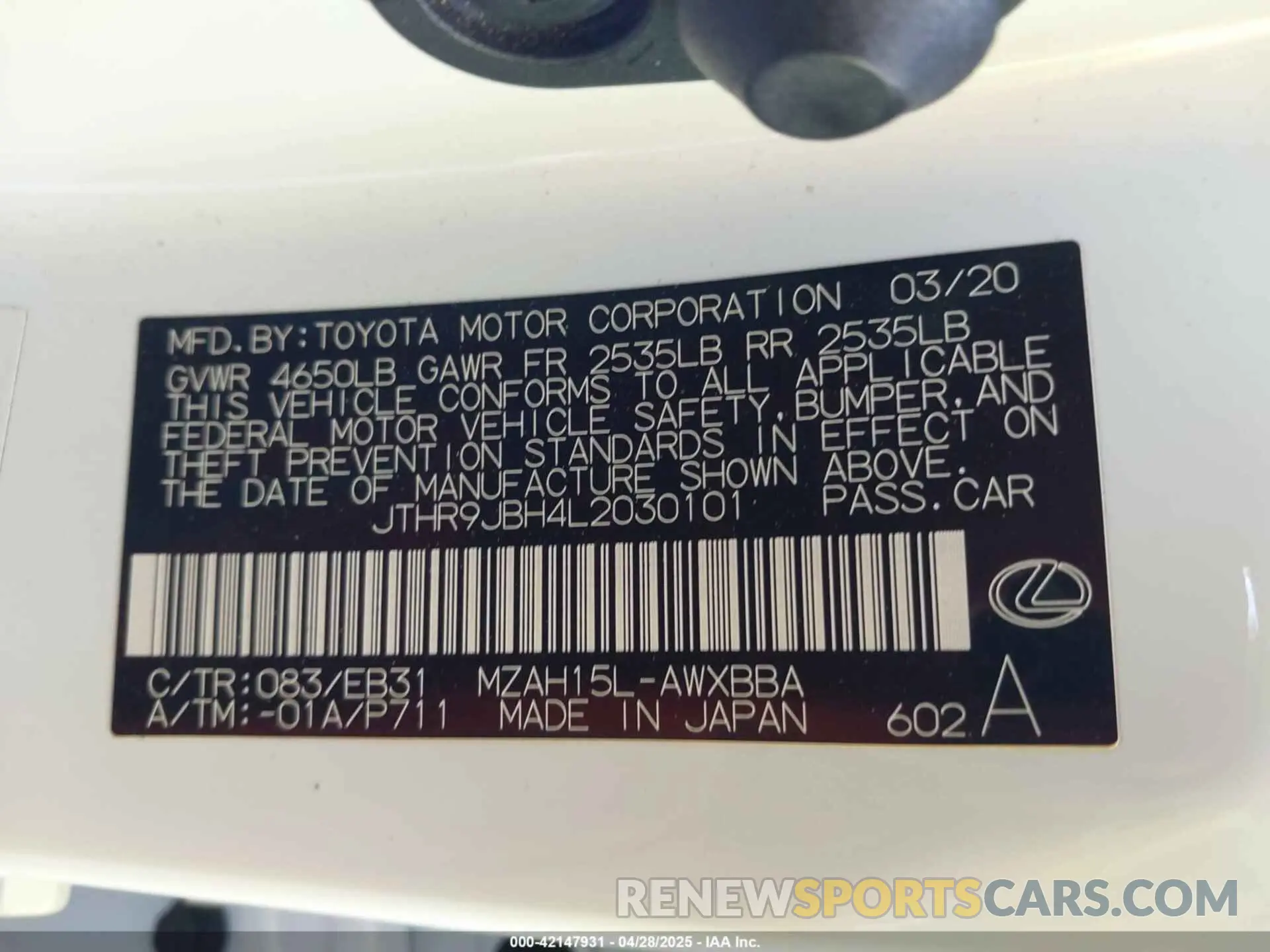 9 Photograph of a damaged car JTHR9JBH4L2030101 LEXUS UX 250H 2020