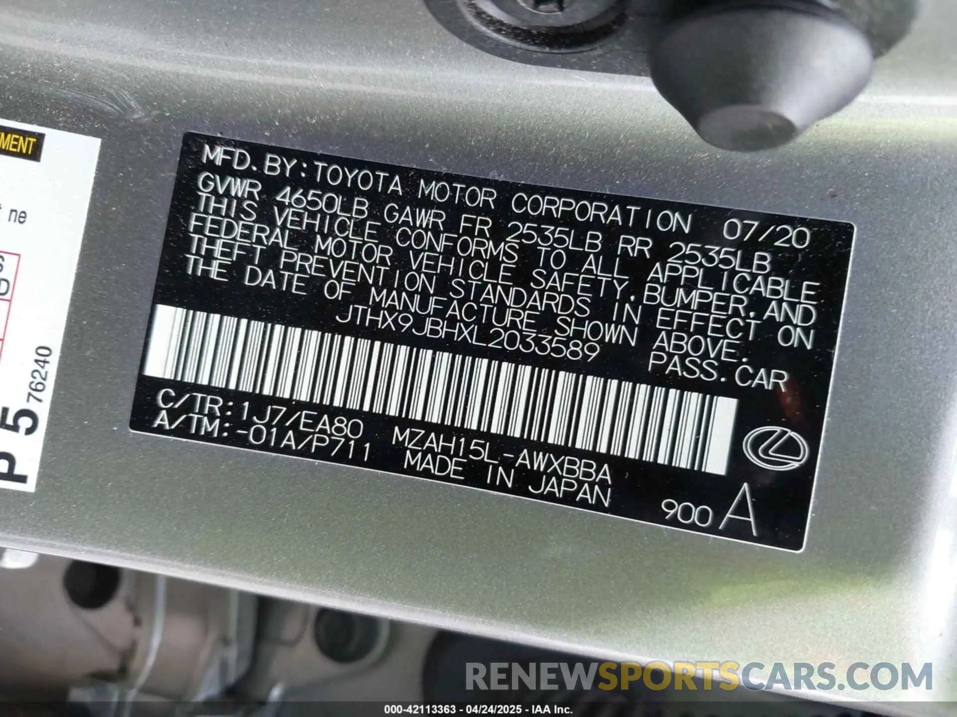 9 Фотография поврежденного автомобиля JTHX9JBHXL2033589 LEXUS UX 250H 2020