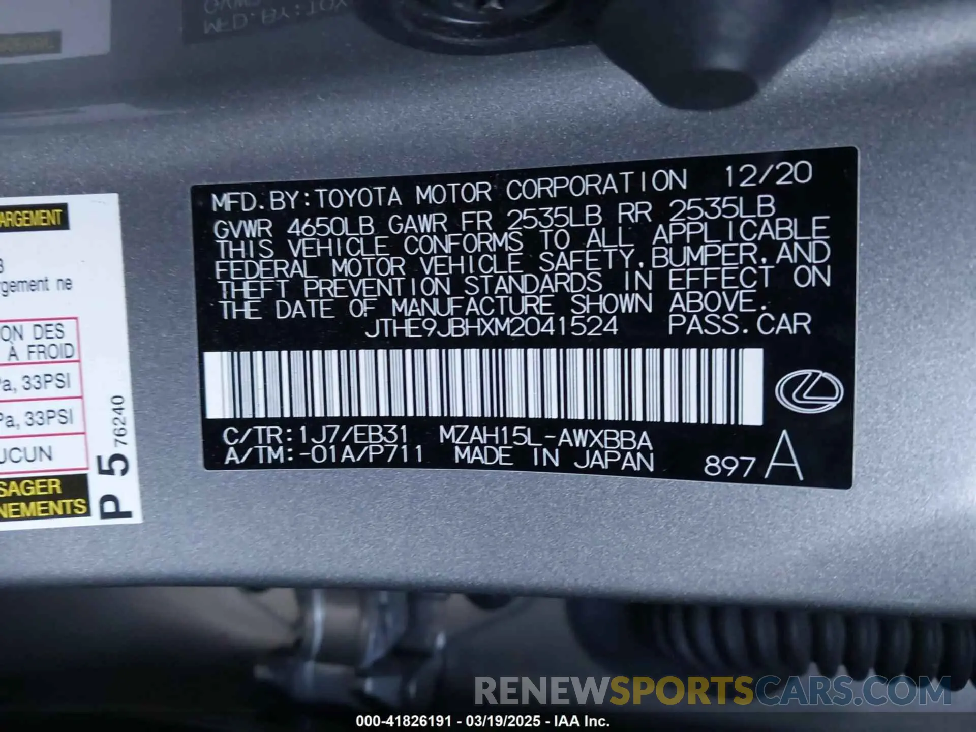 9 Фотография поврежденного автомобиля JTHE9JBHXM2041524 LEXUS UX 250H 2021
