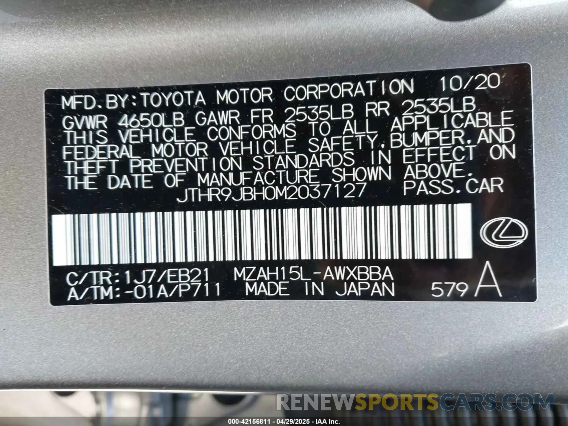9 Фотография поврежденного автомобиля JTHR9JBH0M2037127 LEXUS UX 250H 2021
