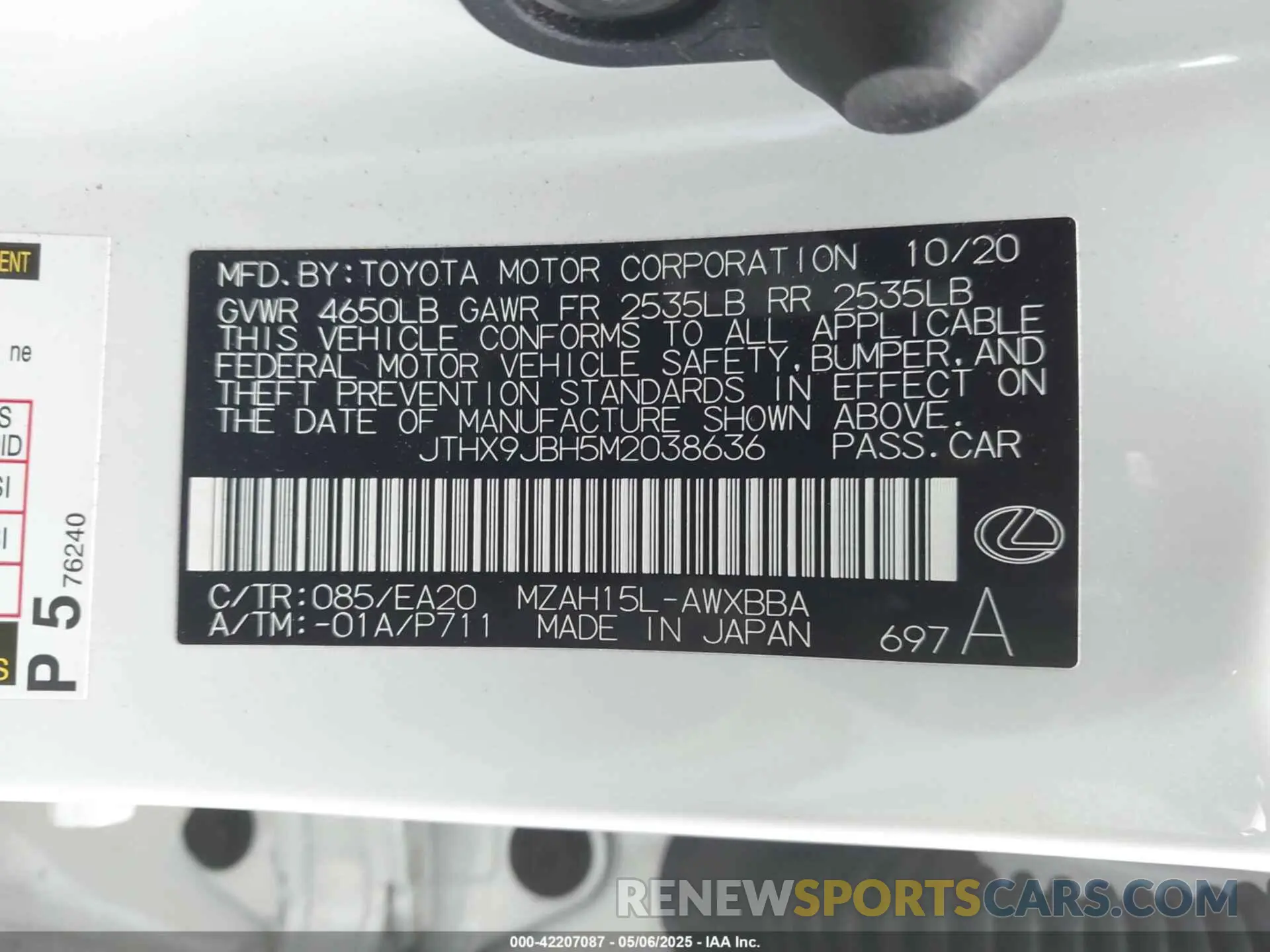 9 Фотография поврежденного автомобиля JTHX9JBH5M2038636 LEXUS UX 250H 2021