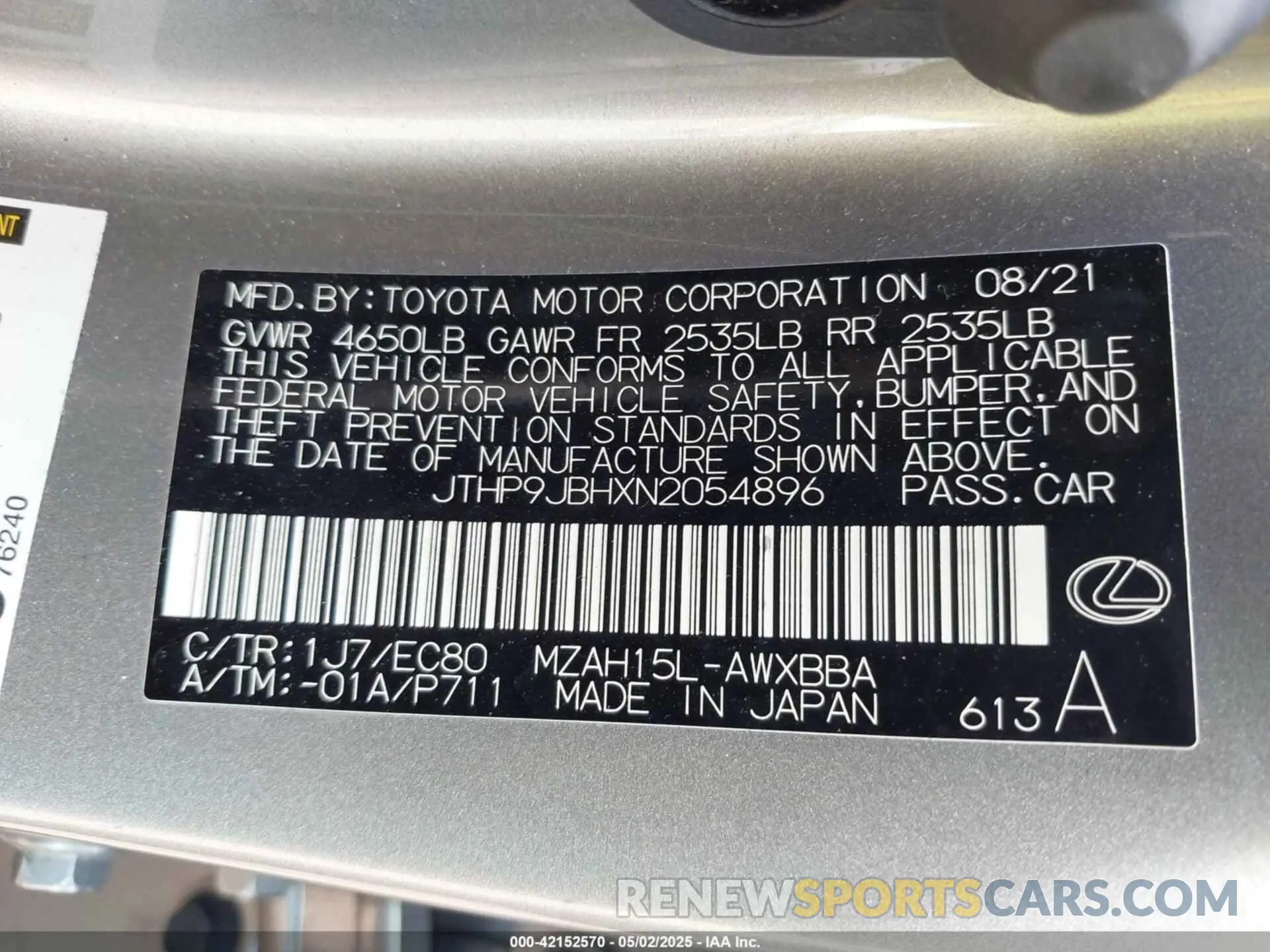 9 Фотография поврежденного автомобиля JTHP9JBHXN2054896 LEXUS UX 250H 2022