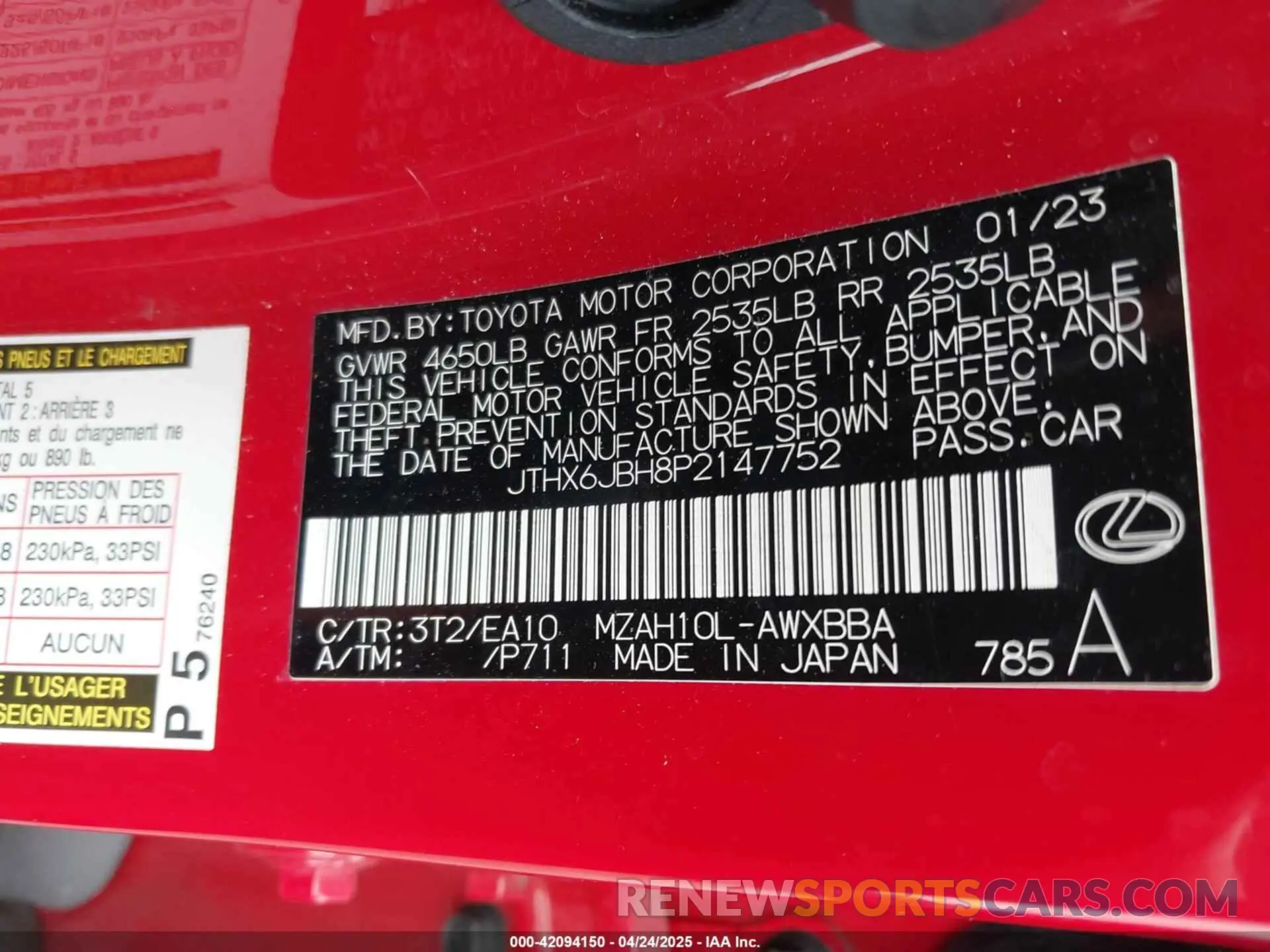 9 Фотография поврежденного автомобиля JTHX6JBH8P2147752 LEXUS UX 250H 2023