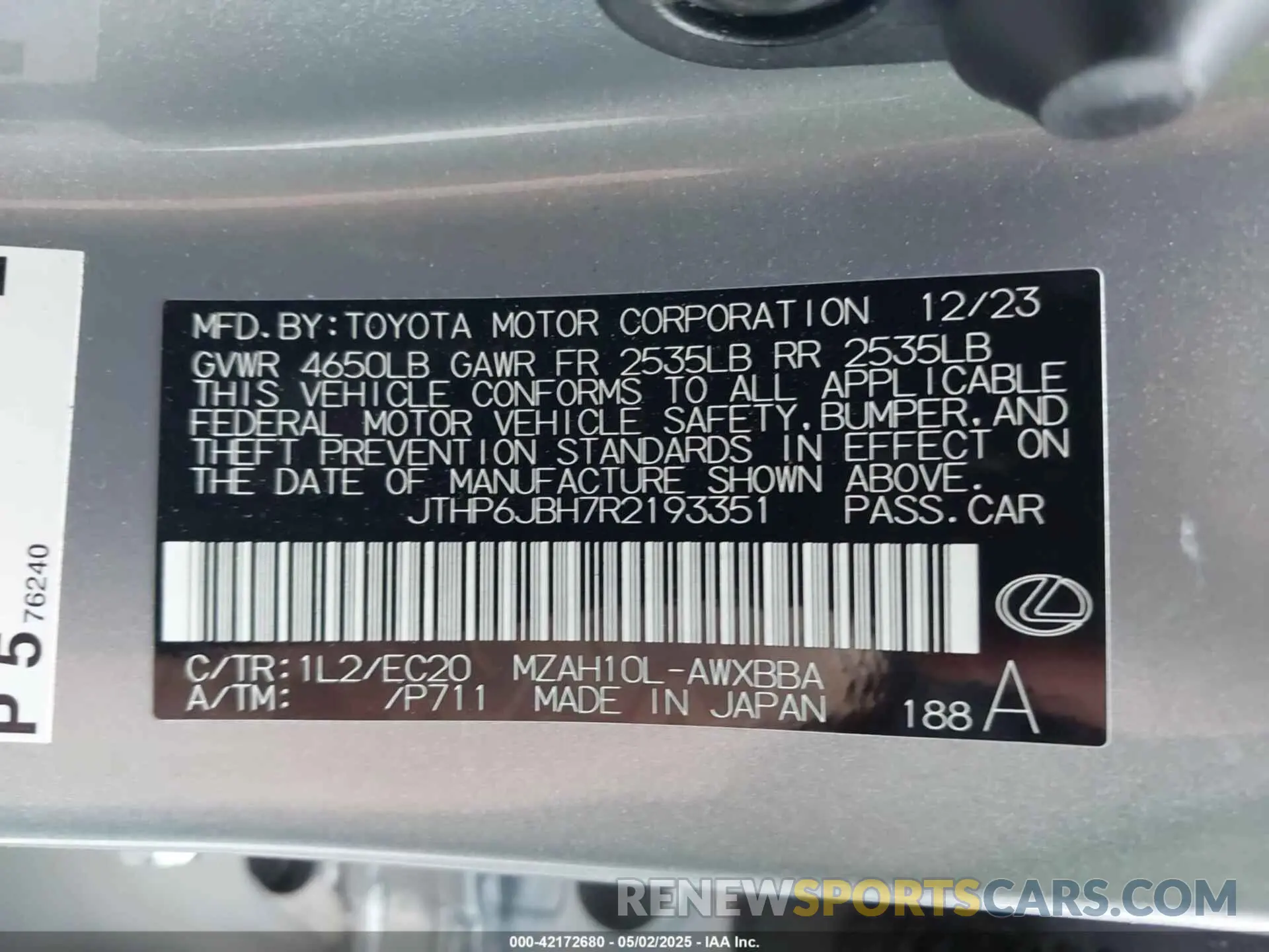 9 Фотография поврежденного автомобиля JTHP6JBH7R2193351 LEXUS UX 250H 2024