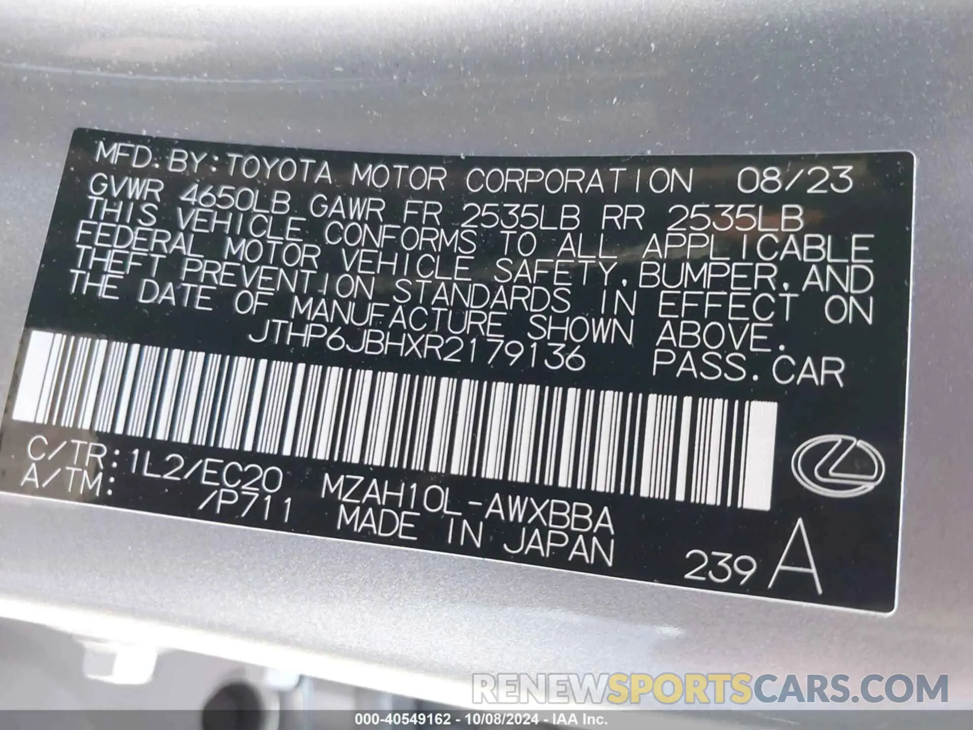 9 Photograph of a damaged car JTHP6JBHXR2179136 LEXUS UX 250H 2024