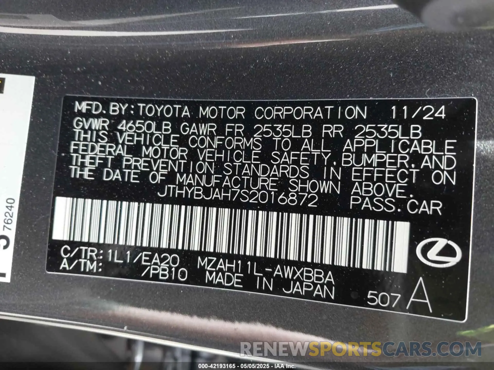 9 Photograph of a damaged car JTHYBJAH7S2016872 LEXUS UX 300H 2025
