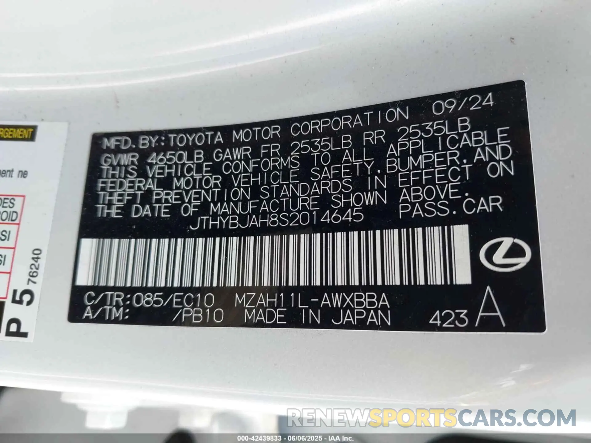 9 Photograph of a damaged car JTHYBJAH8S2014645 LEXUS UX 300H 2025