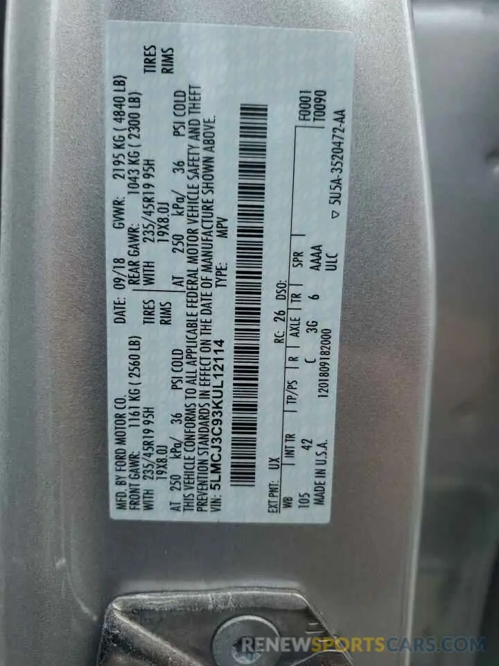 13 Photograph of a damaged car 5LMCJ3C93KUL12114 LINCOLN MKC 2019