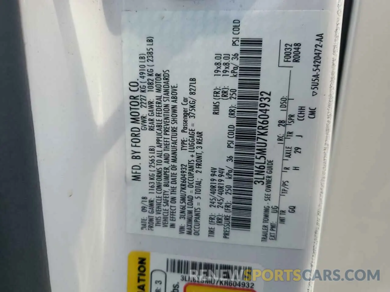 13 Photograph of a damaged car 3LN6L5MU7KR604932 LINCOLN MKZ 2019