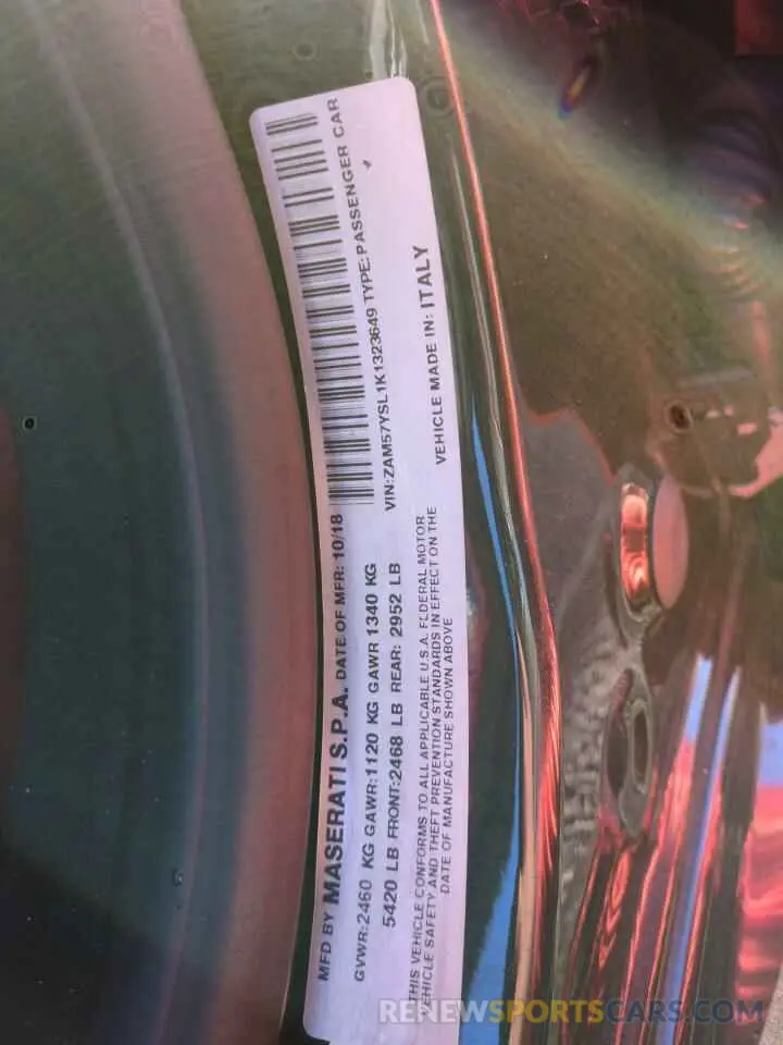 12 Photograph of a damaged car ZAM57YSL1K1323649 MASERATI ALL MODELS 2019