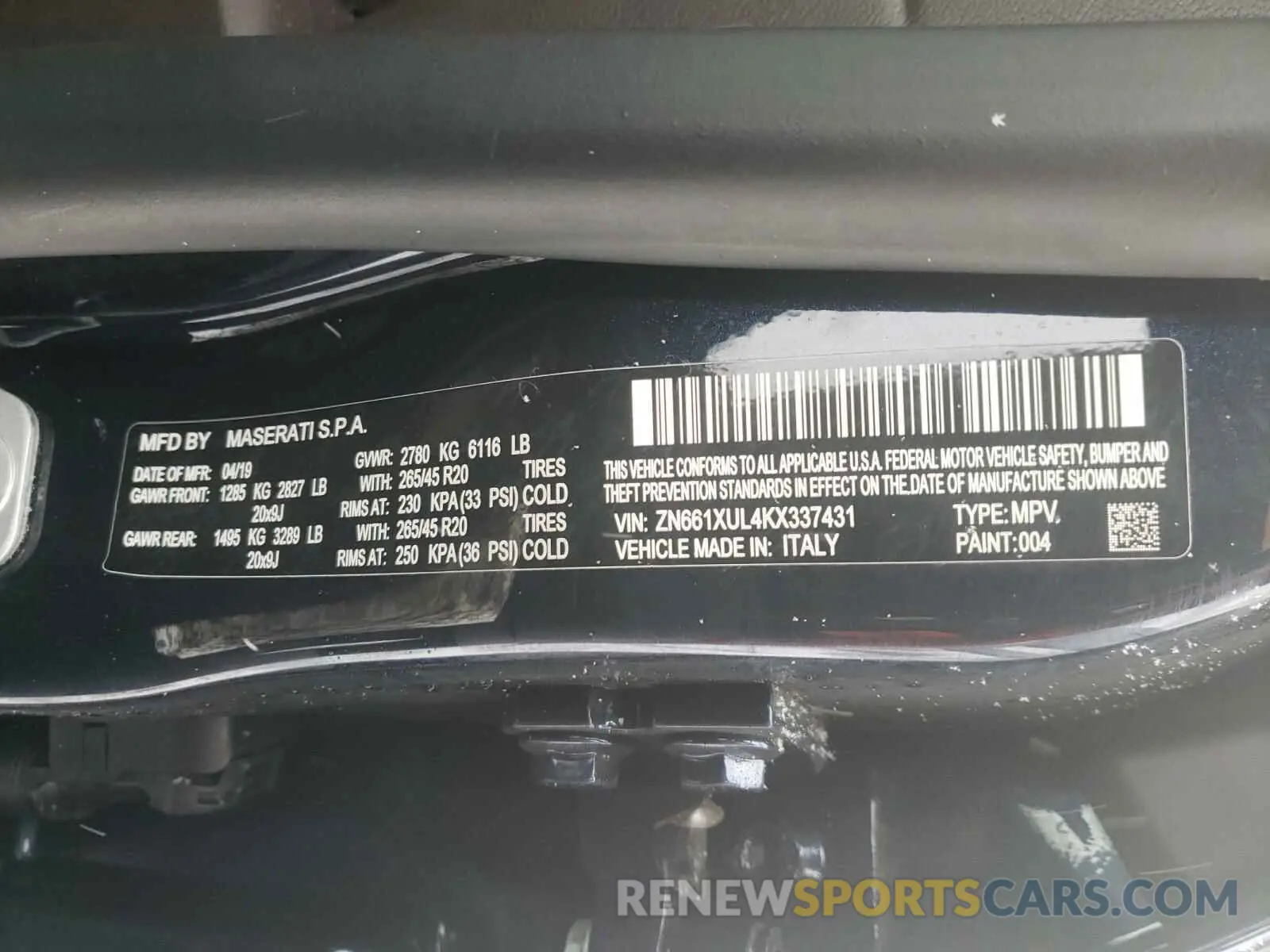 10 Photograph of a damaged car ZN661XUL4KX337431 MASERATI ALL MODELS 2019