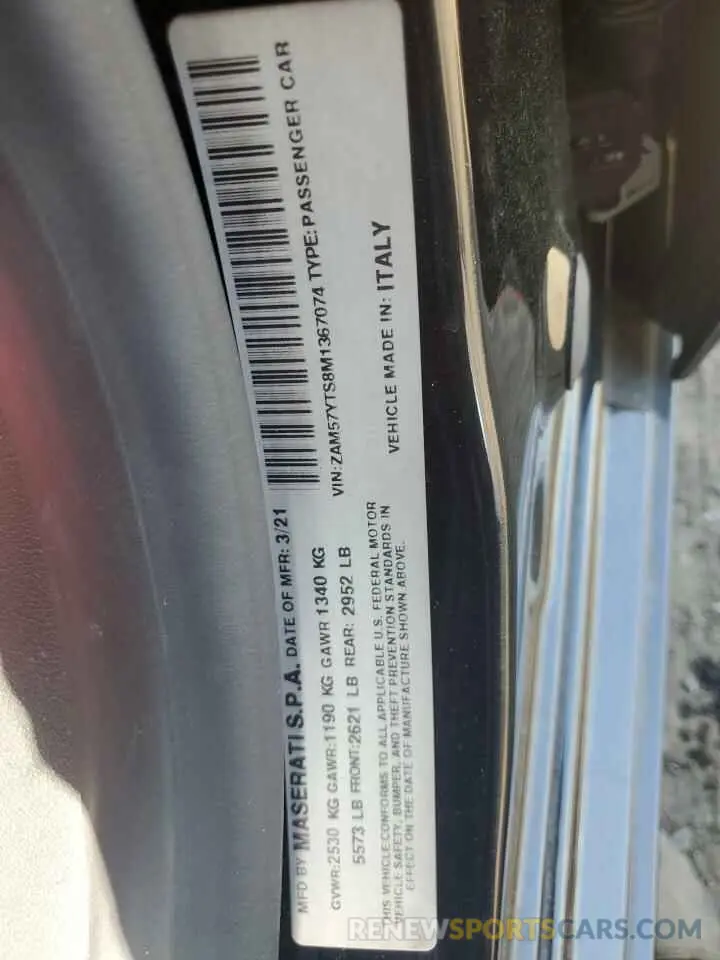 12 Фотография поврежденного автомобиля ZAM57YTS8M1367074 MASERATI ALL MODELS 2021