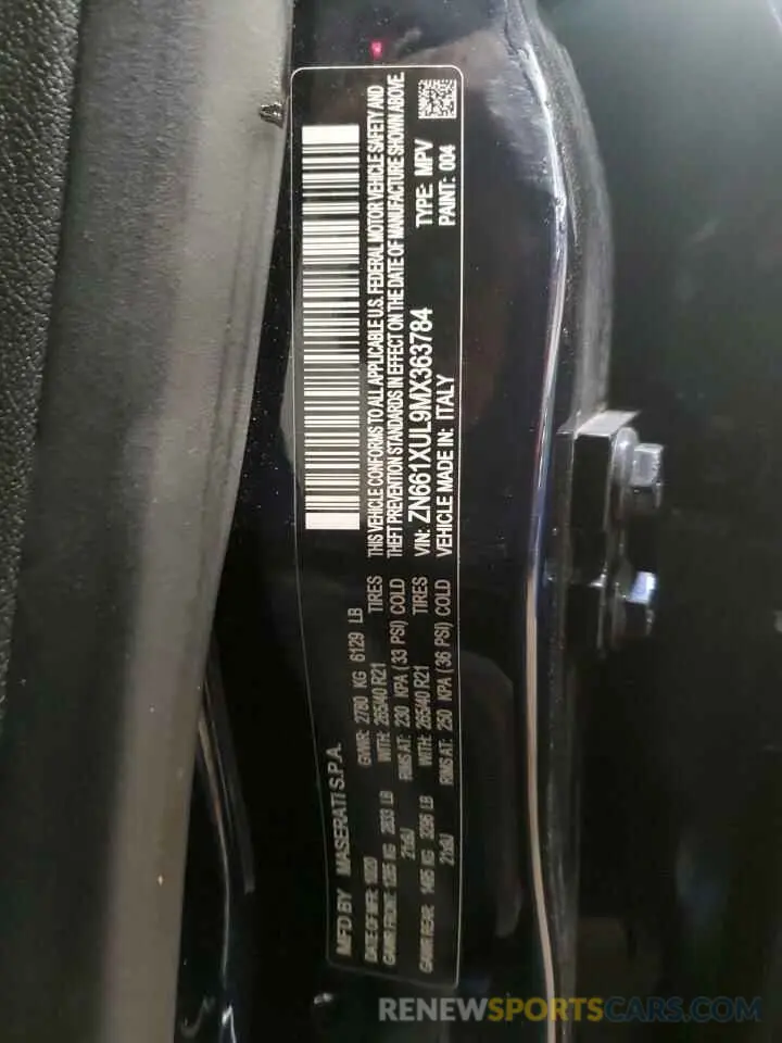 12 Photograph of a damaged car ZN661XUL9MX363784 MASERATI ALL MODELS 2021